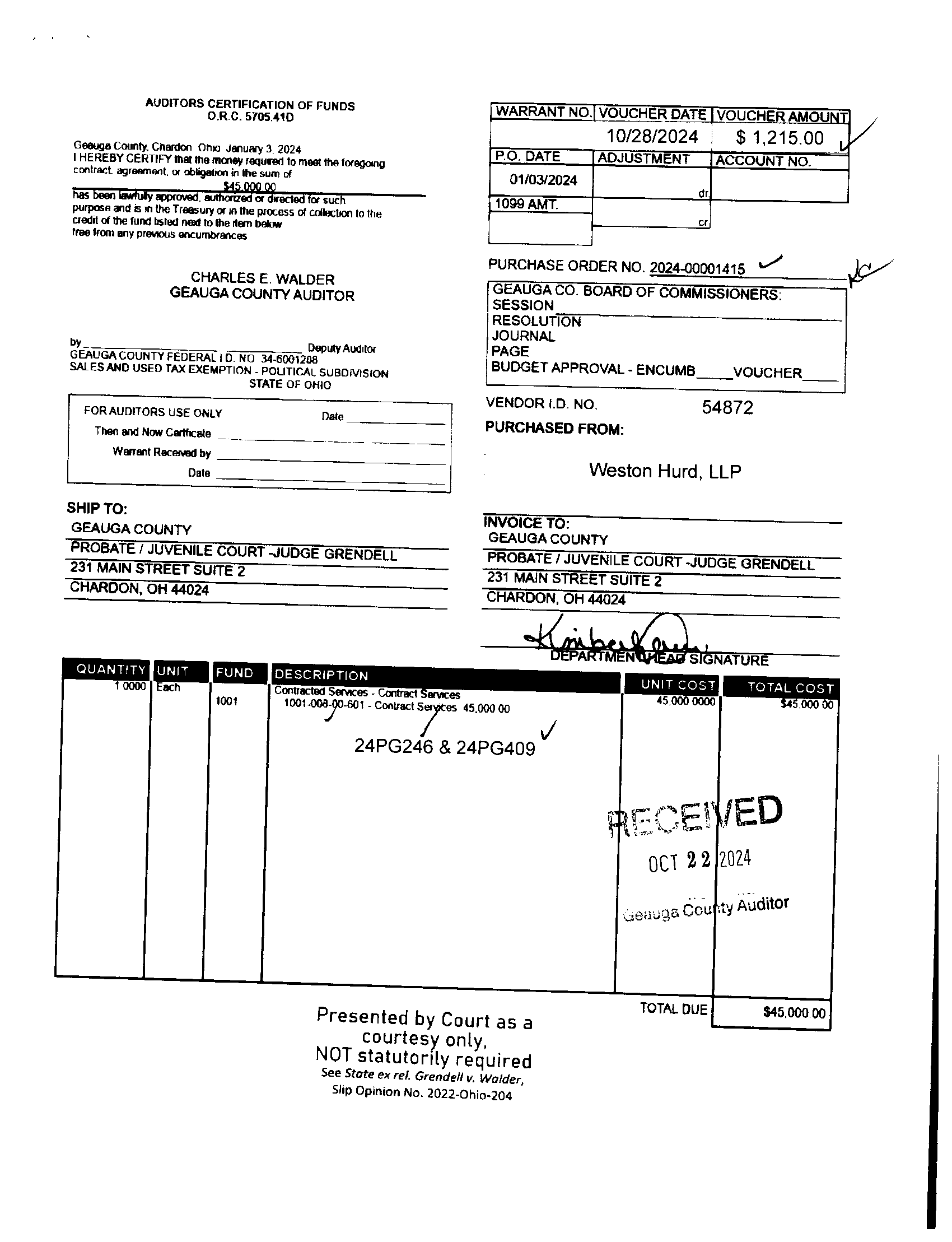 Auditor's Certification of Funds