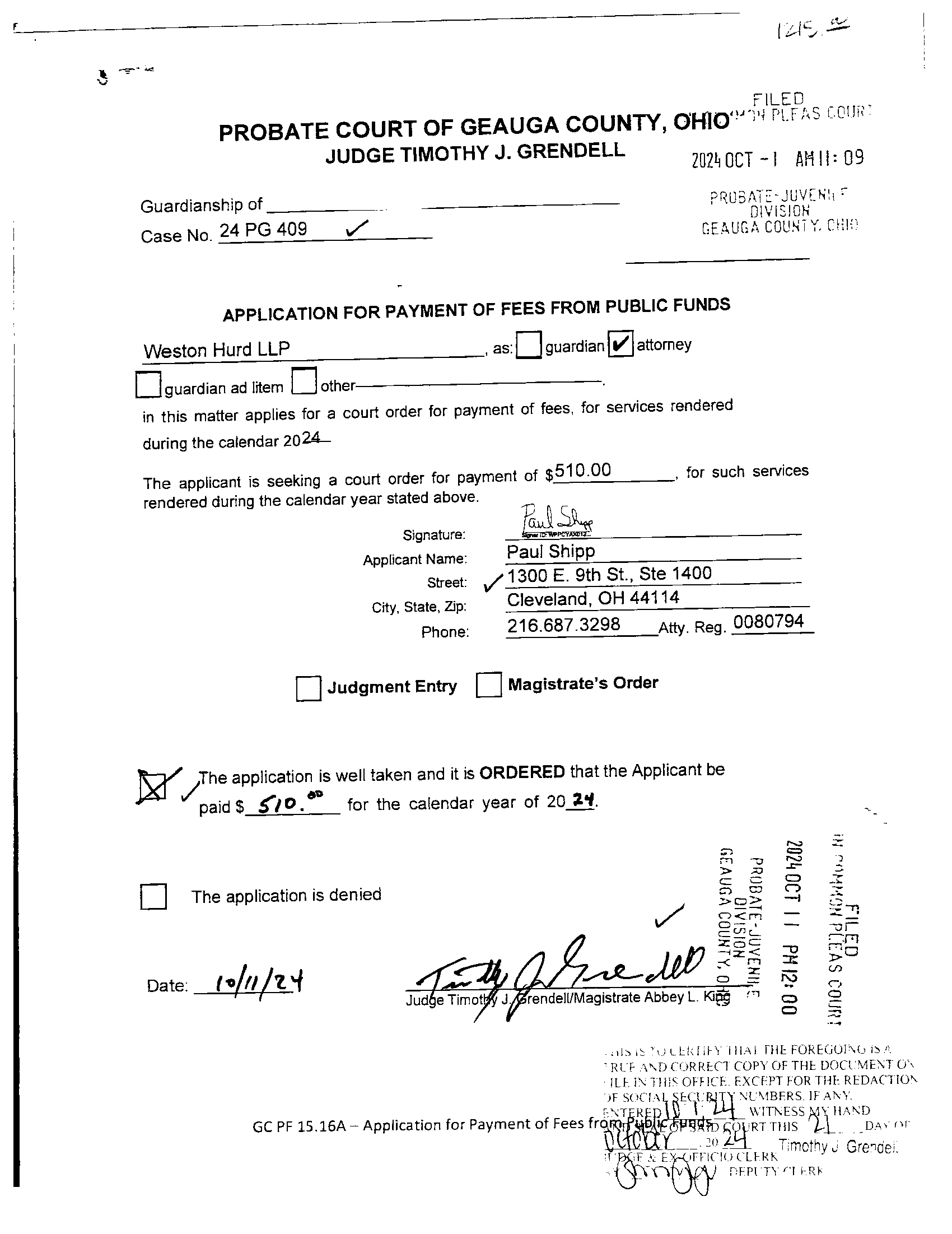 Application for Payment of Fees From Public Funds