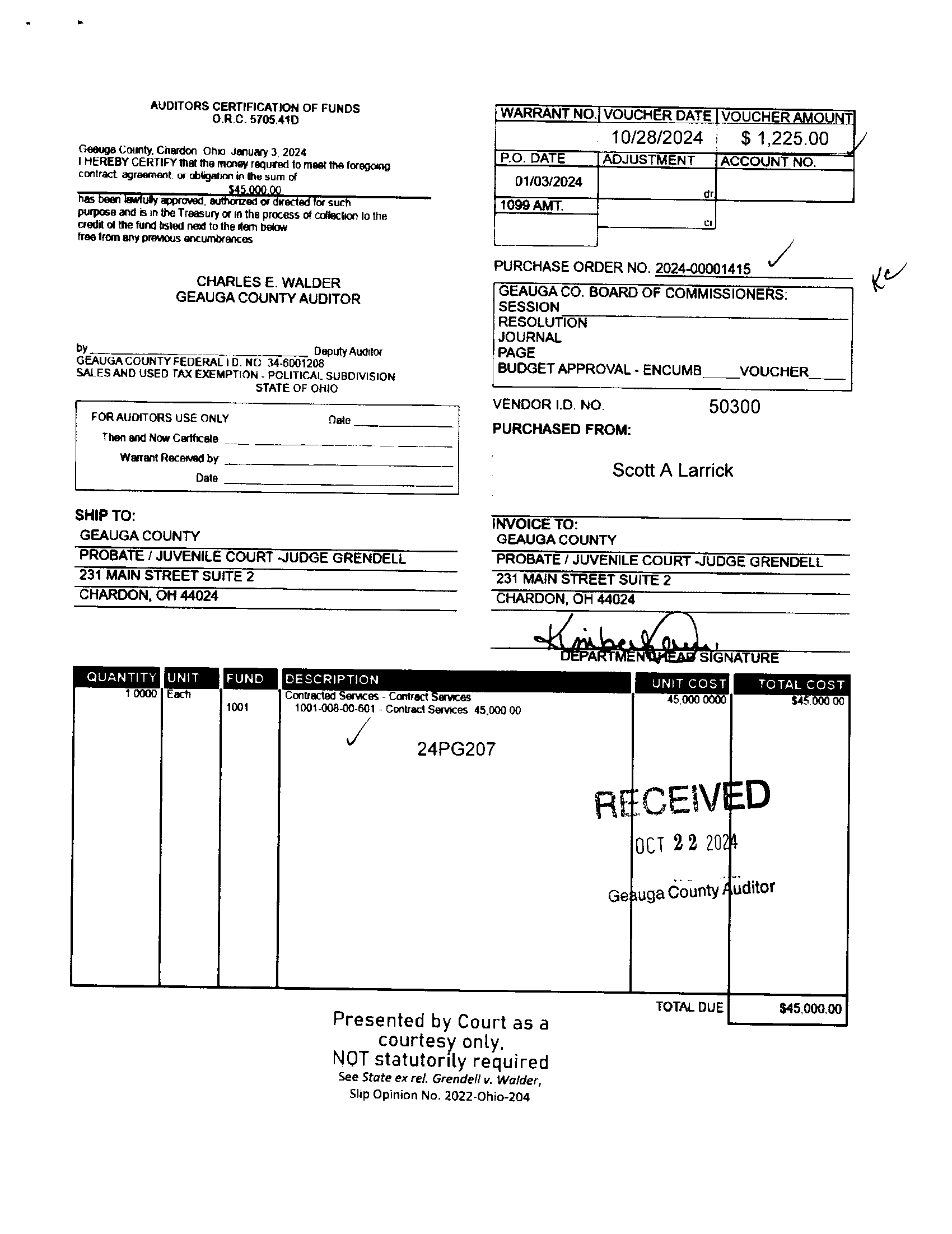 Auditor's Certification of Funds
