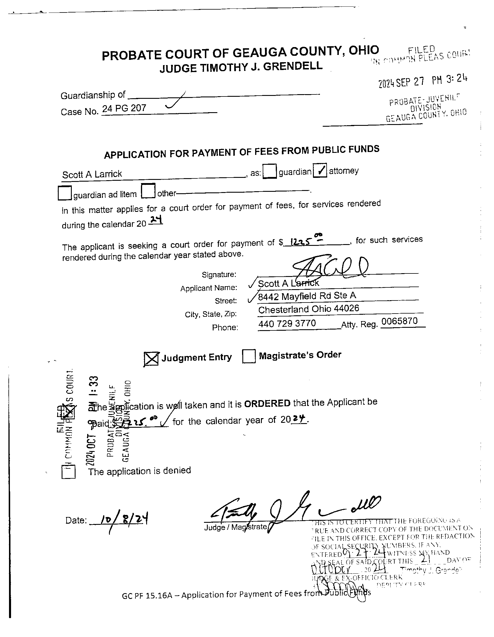 Application for Payment of Fees From Public Funds
