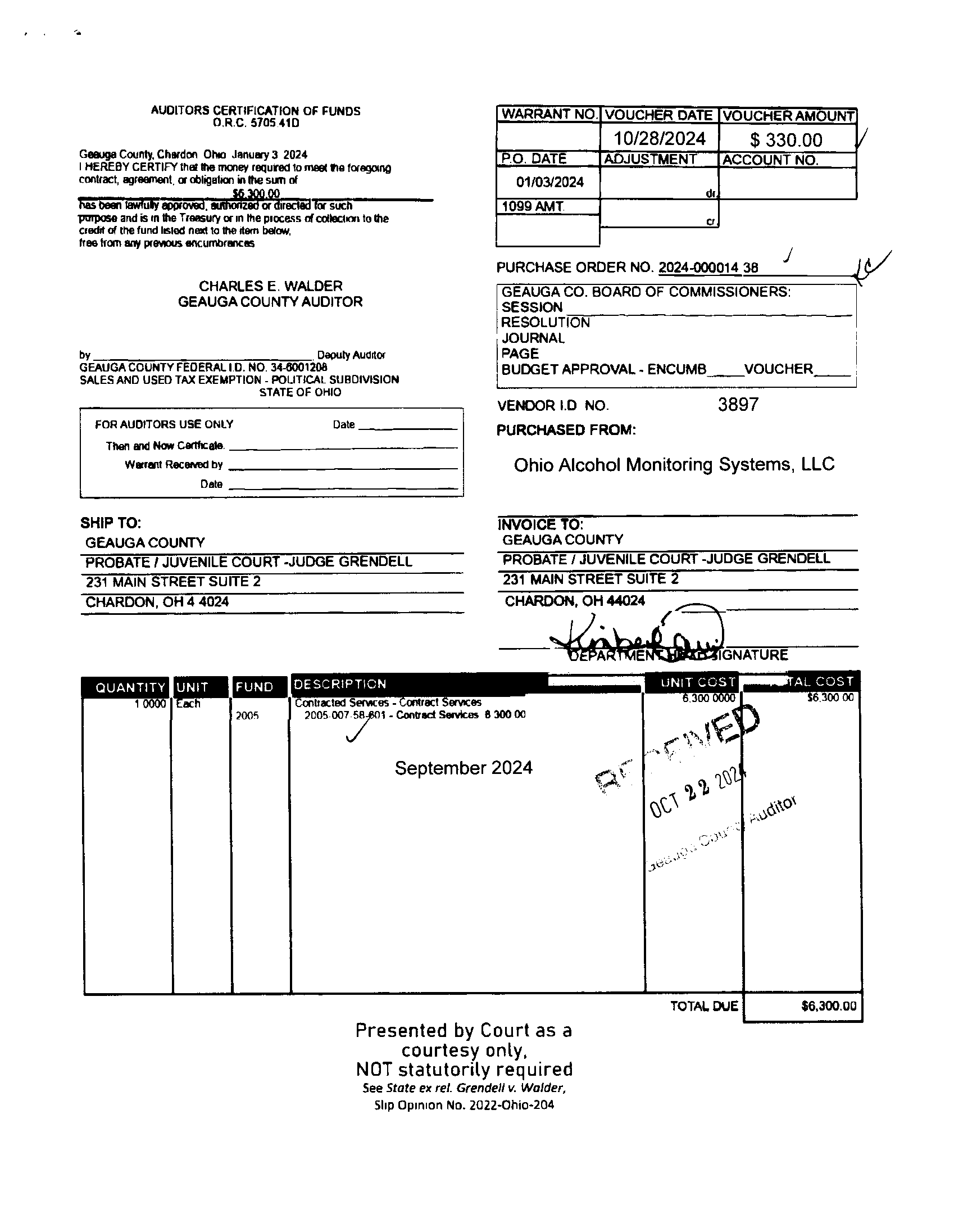 Auditor's Certification of Funds