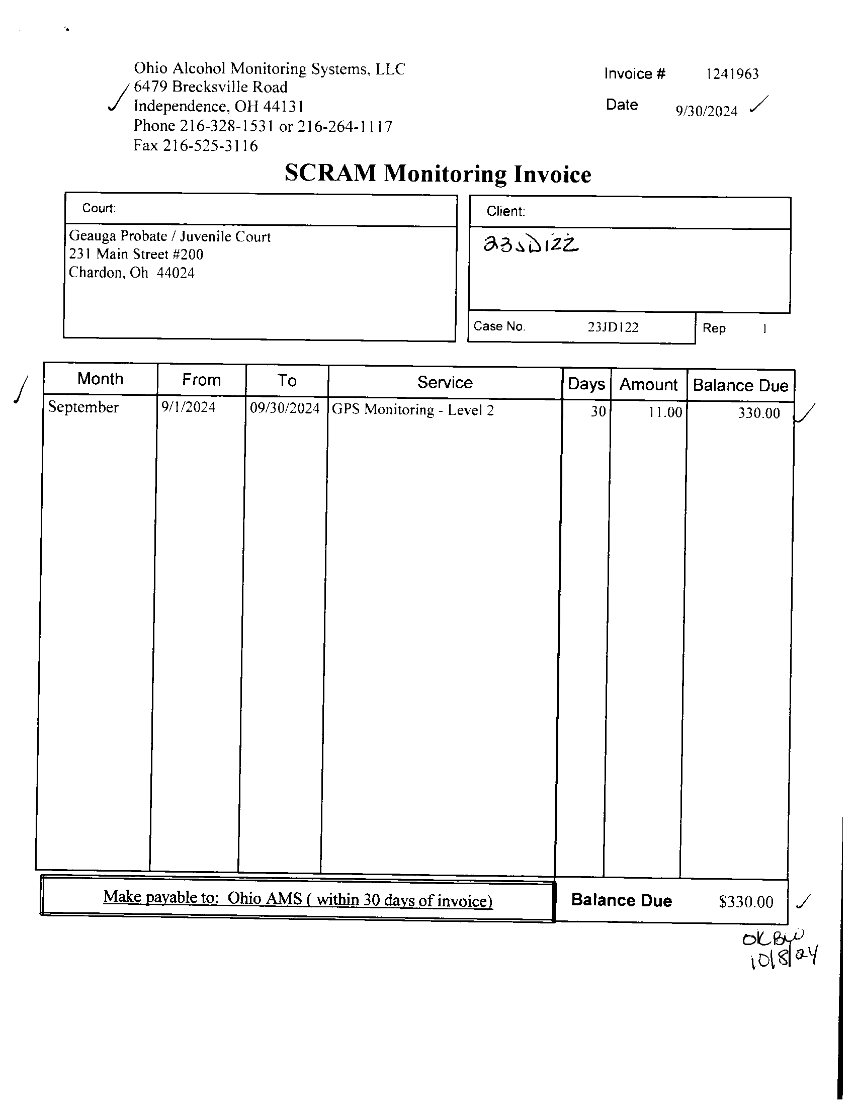 SCRAM Monitoring Invoice
