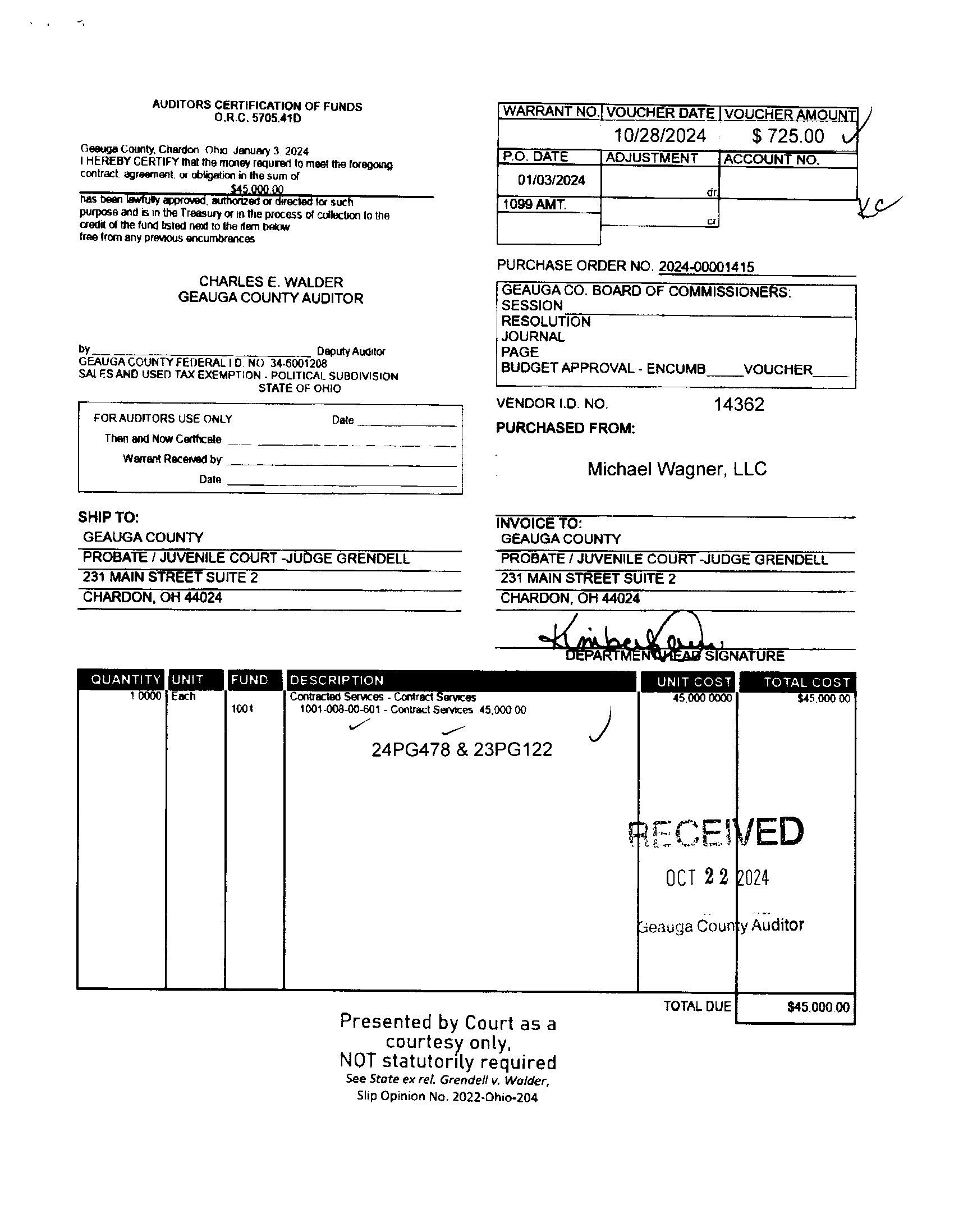 Auditor's Certification of Funds