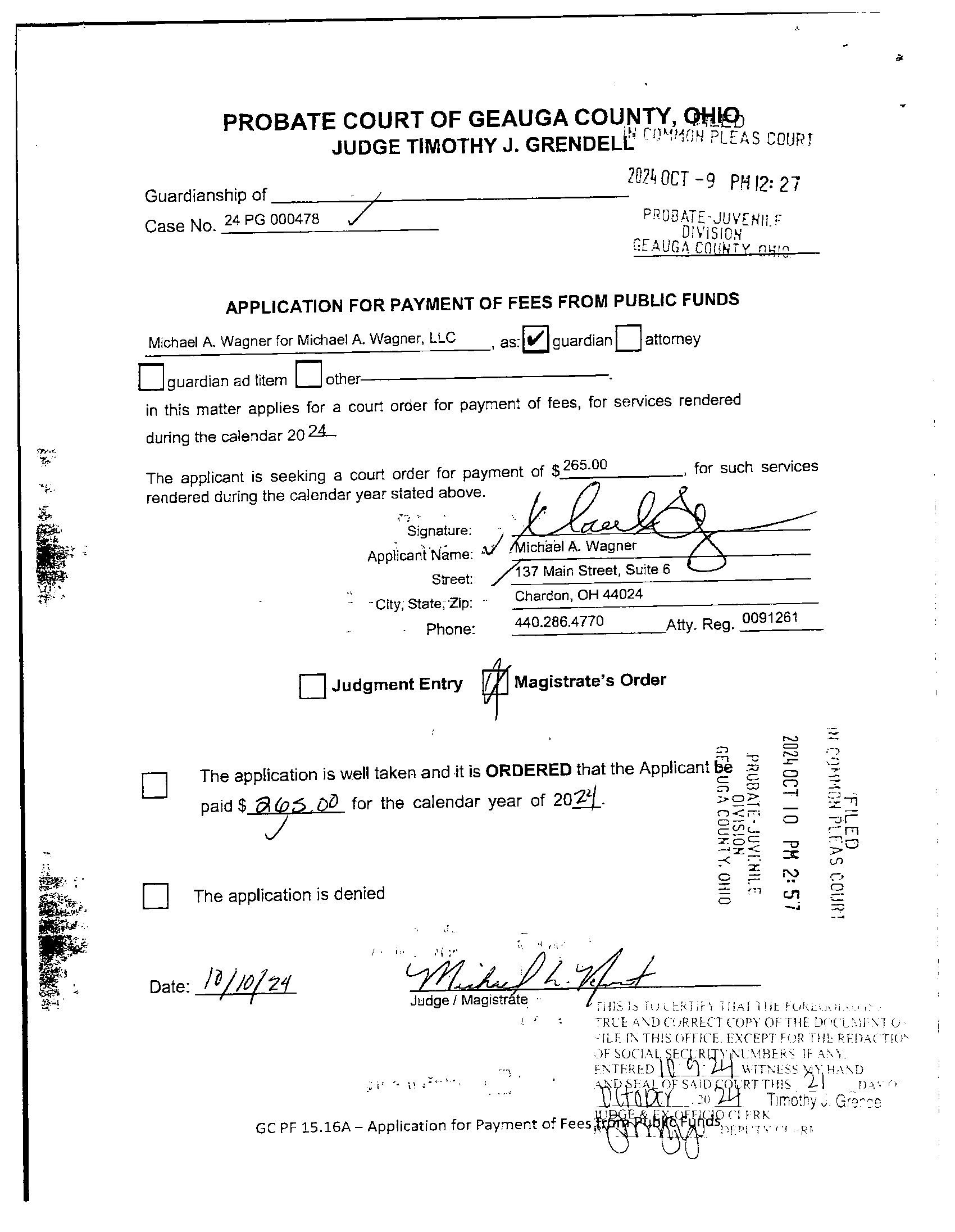 Application for Payment of Fees From Public Funds