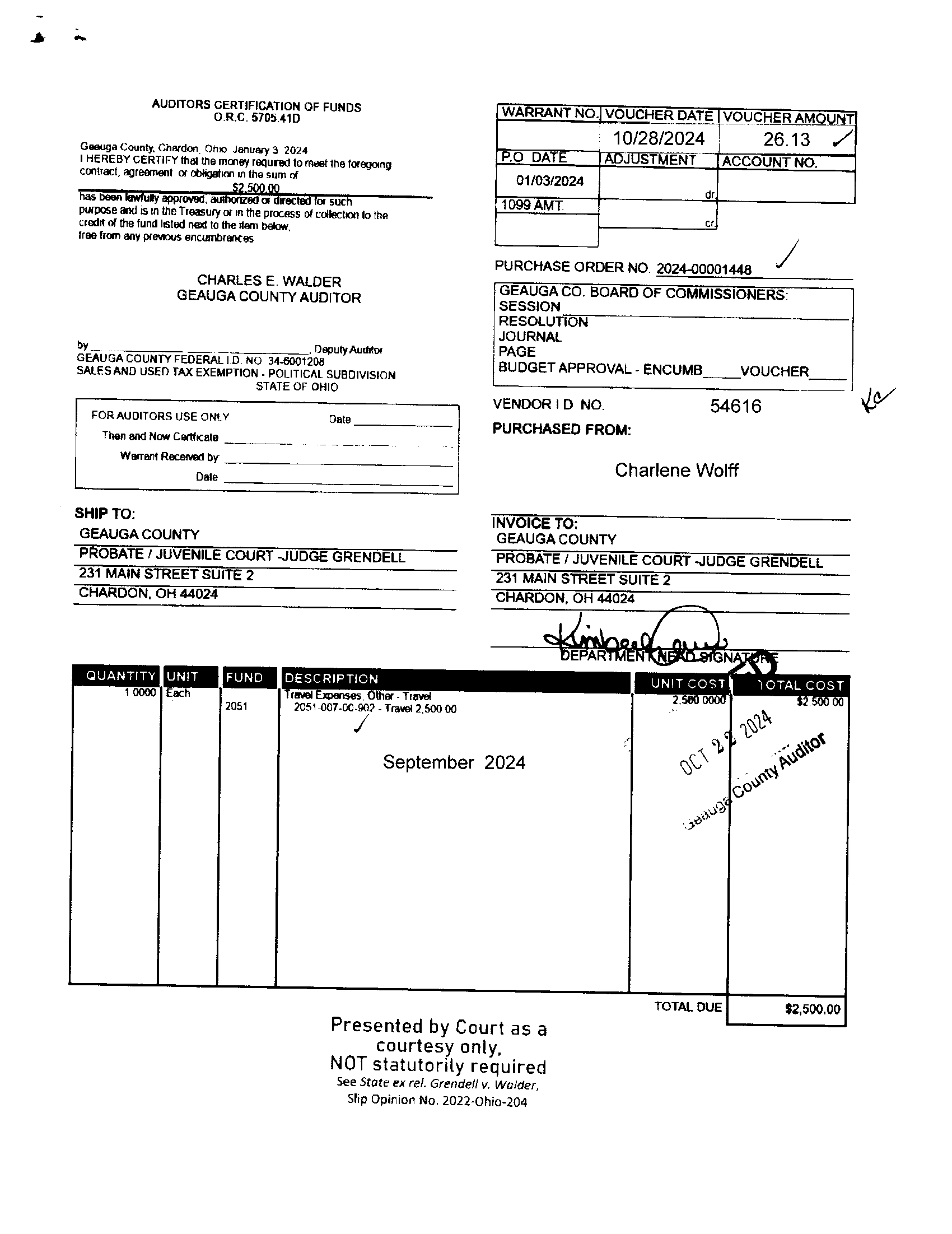 Auditor's Certification of Funds