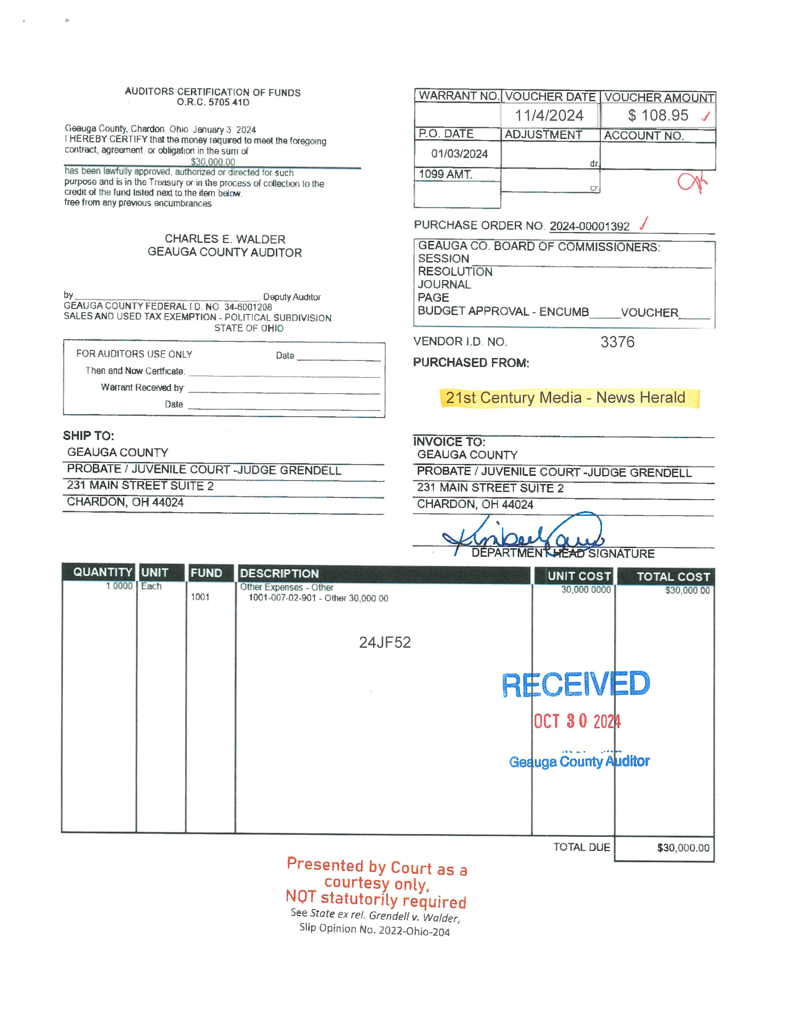 Auditor's Certification of Funds