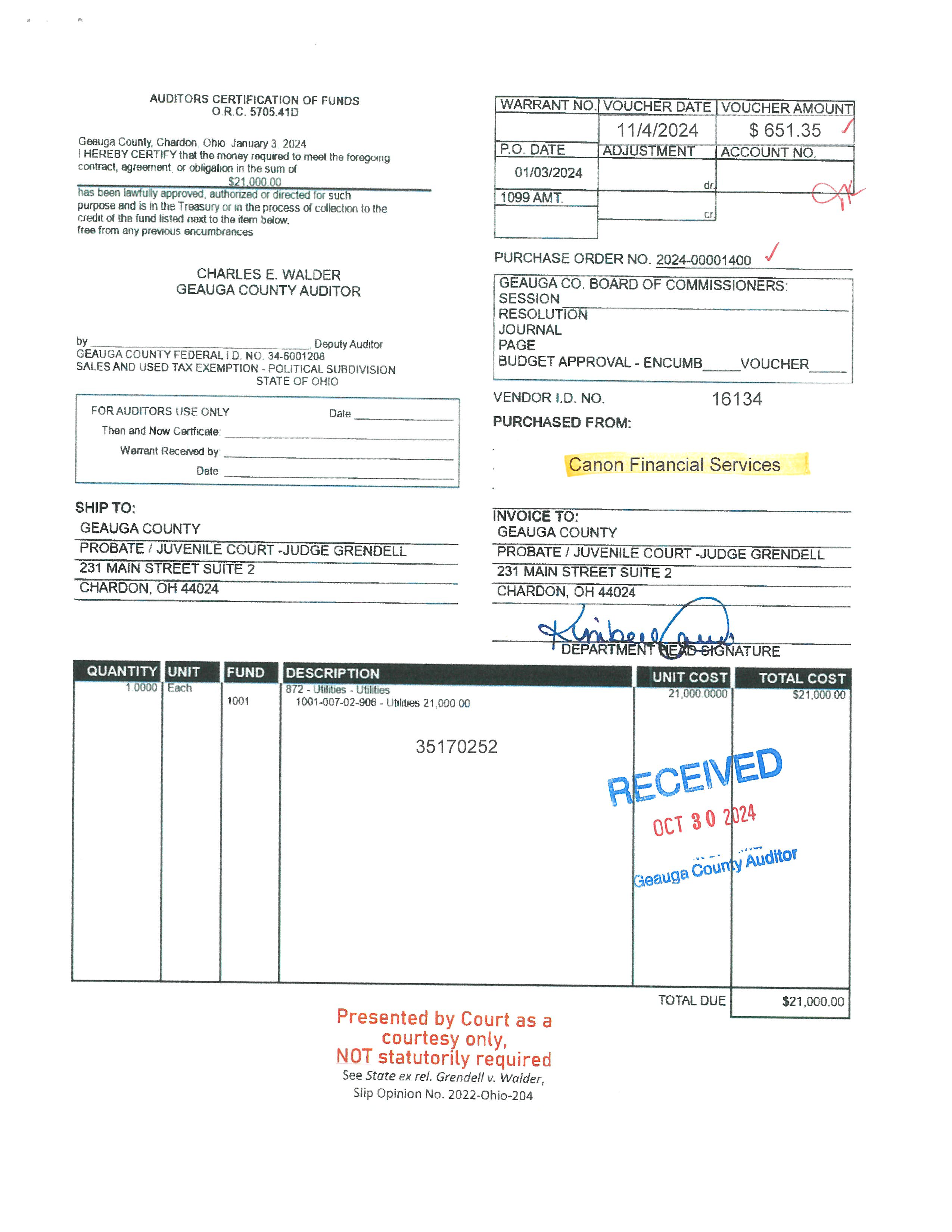 Auditor's Certification of Funds
