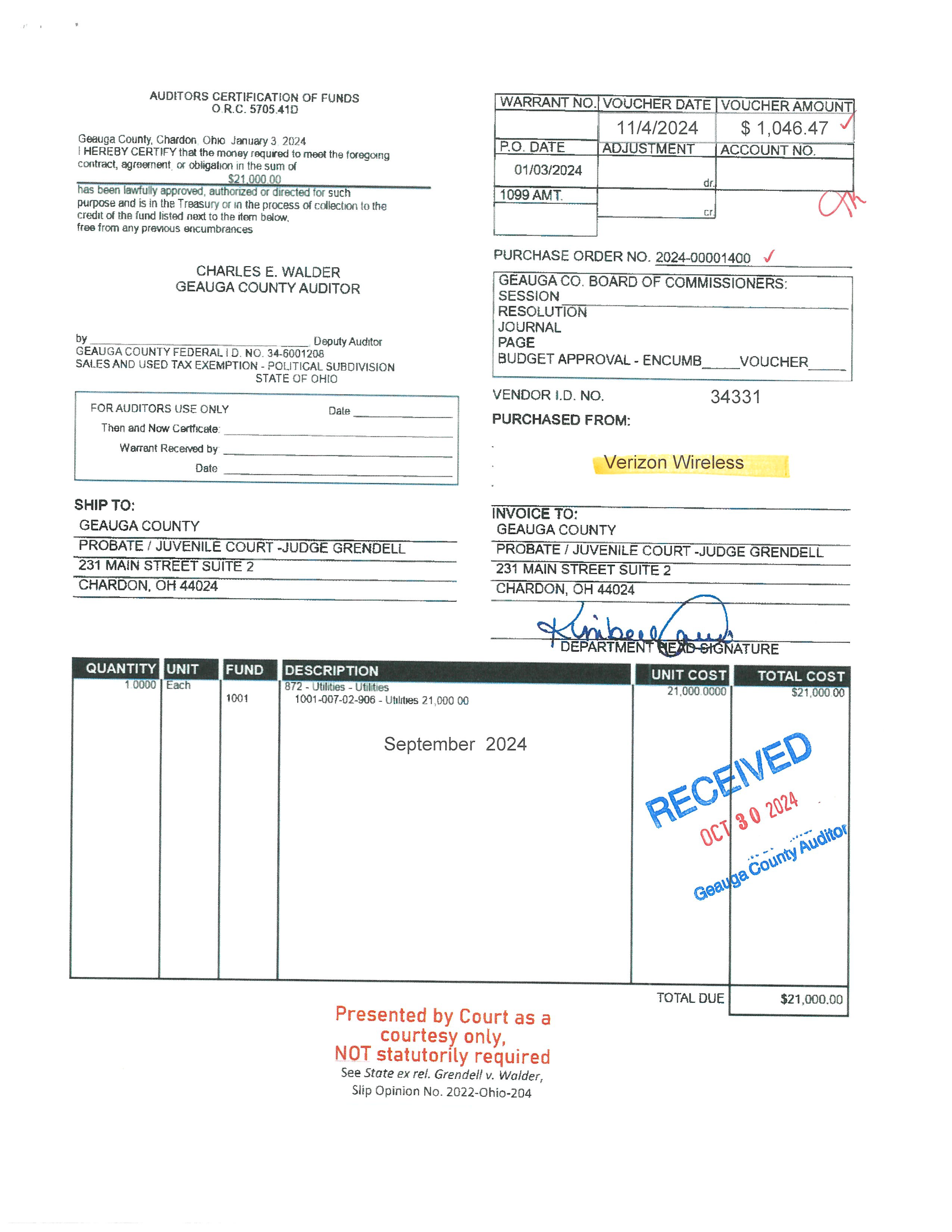 Auditor's Certification of Funds