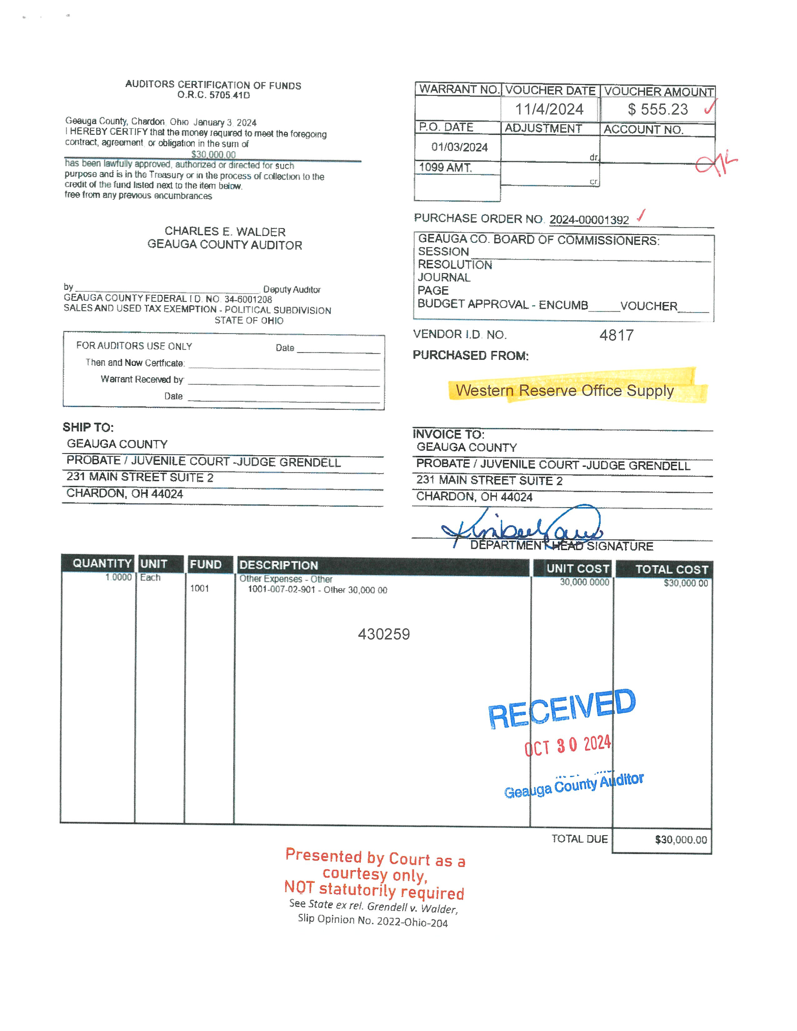 Auditor's Certification of Funds