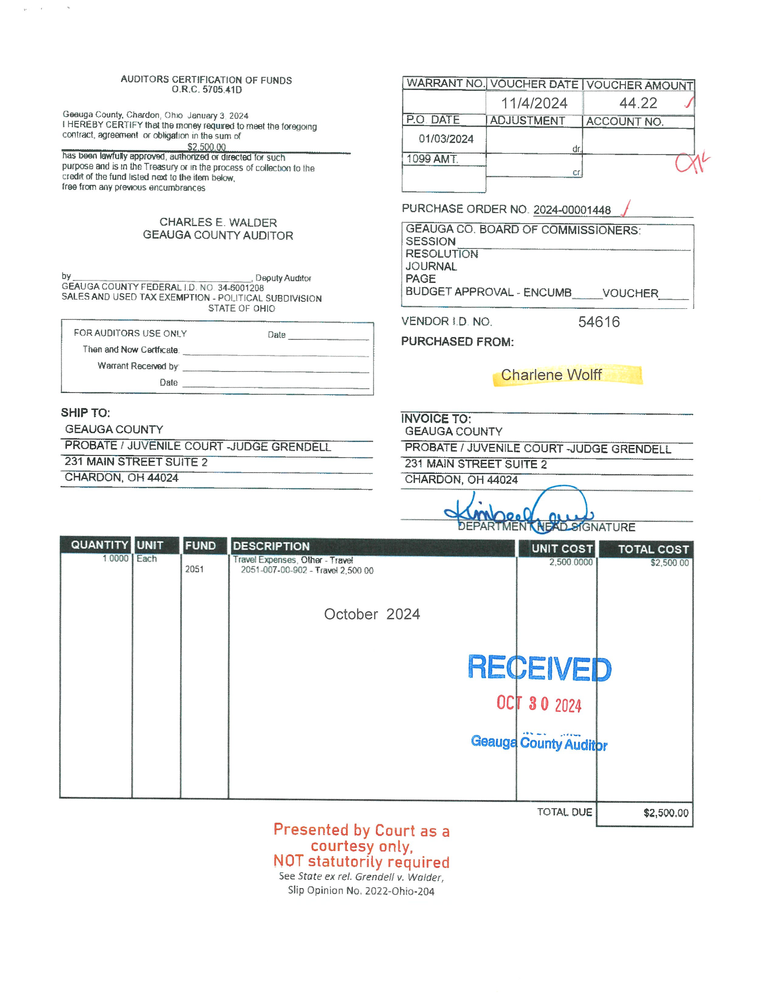 Auditor's Certification of Funds