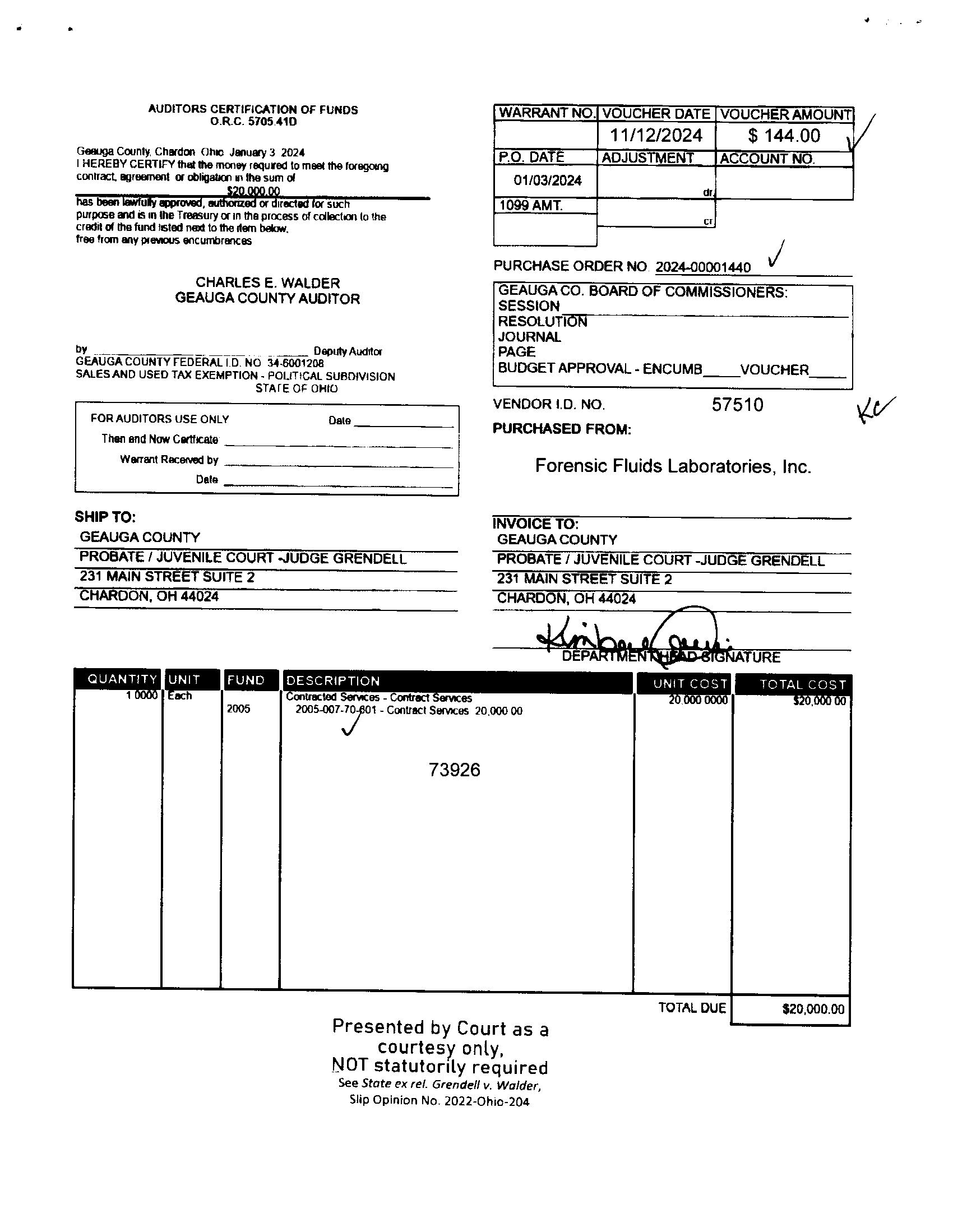 Auditor's Certification of Funds