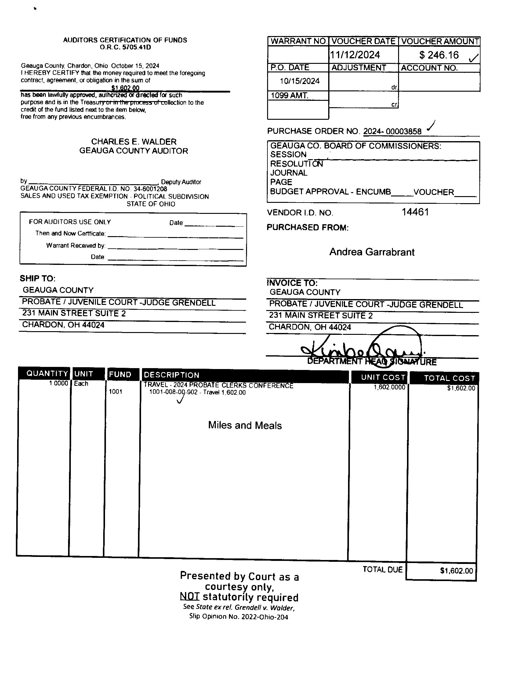 Auditor's Certification of Funds