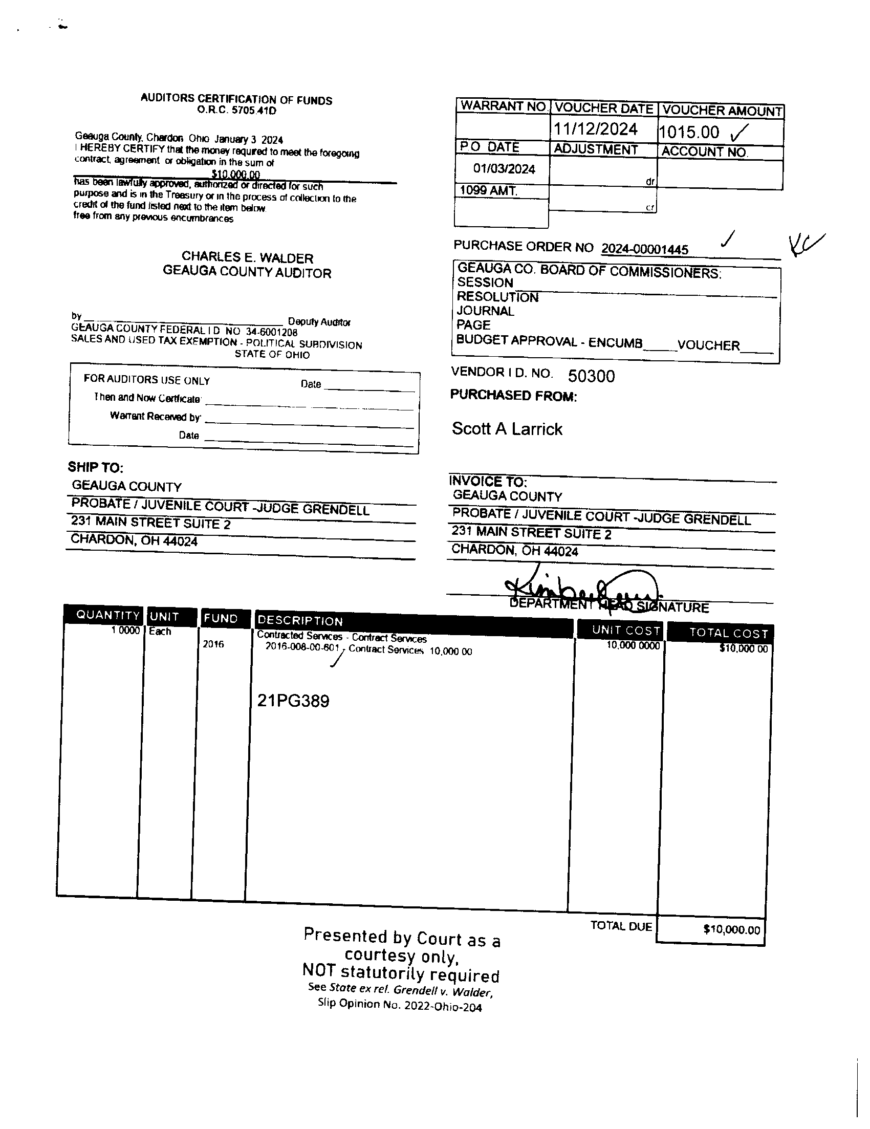 Auditor's Certification of Funds