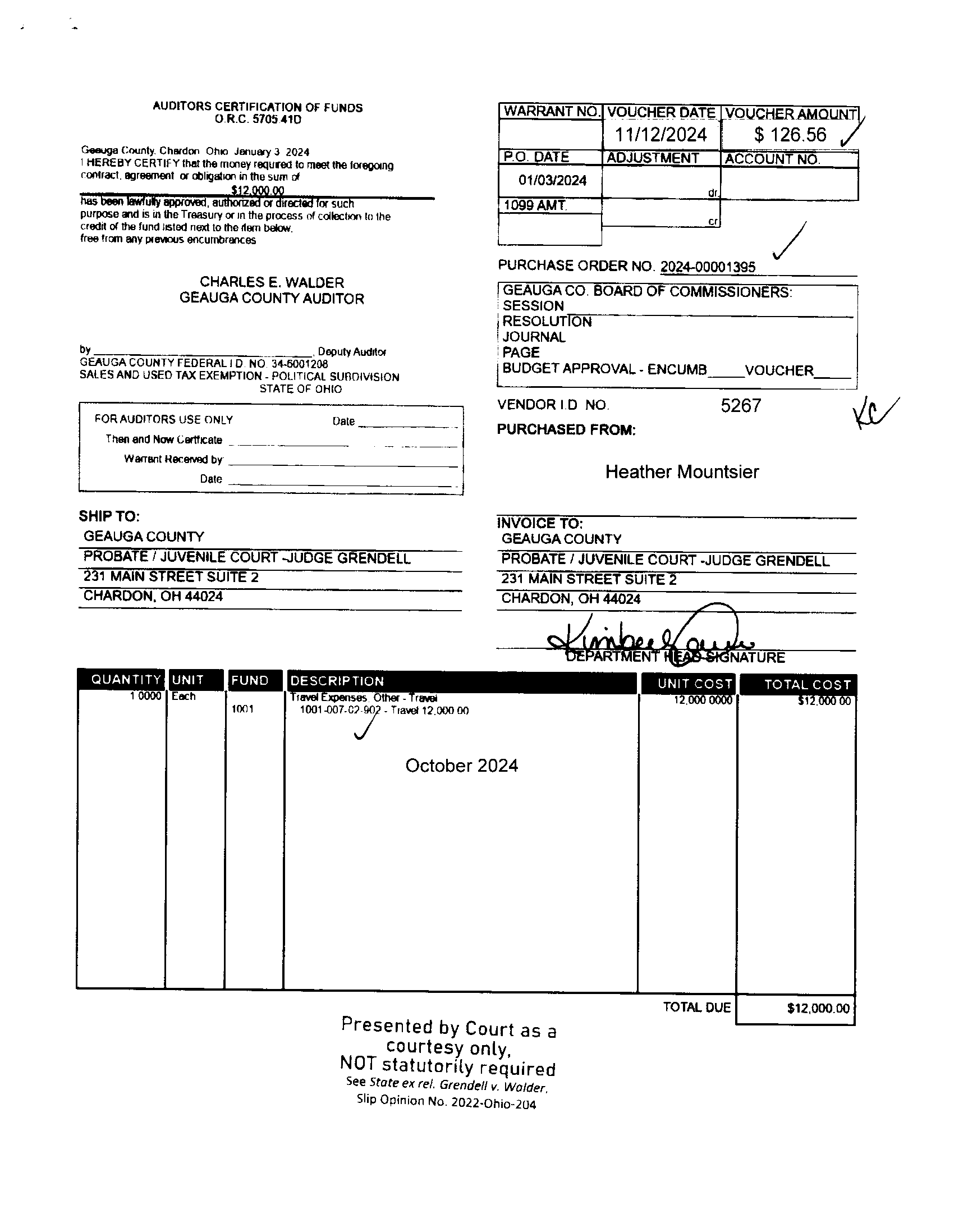 Auditor's Certification of Funds