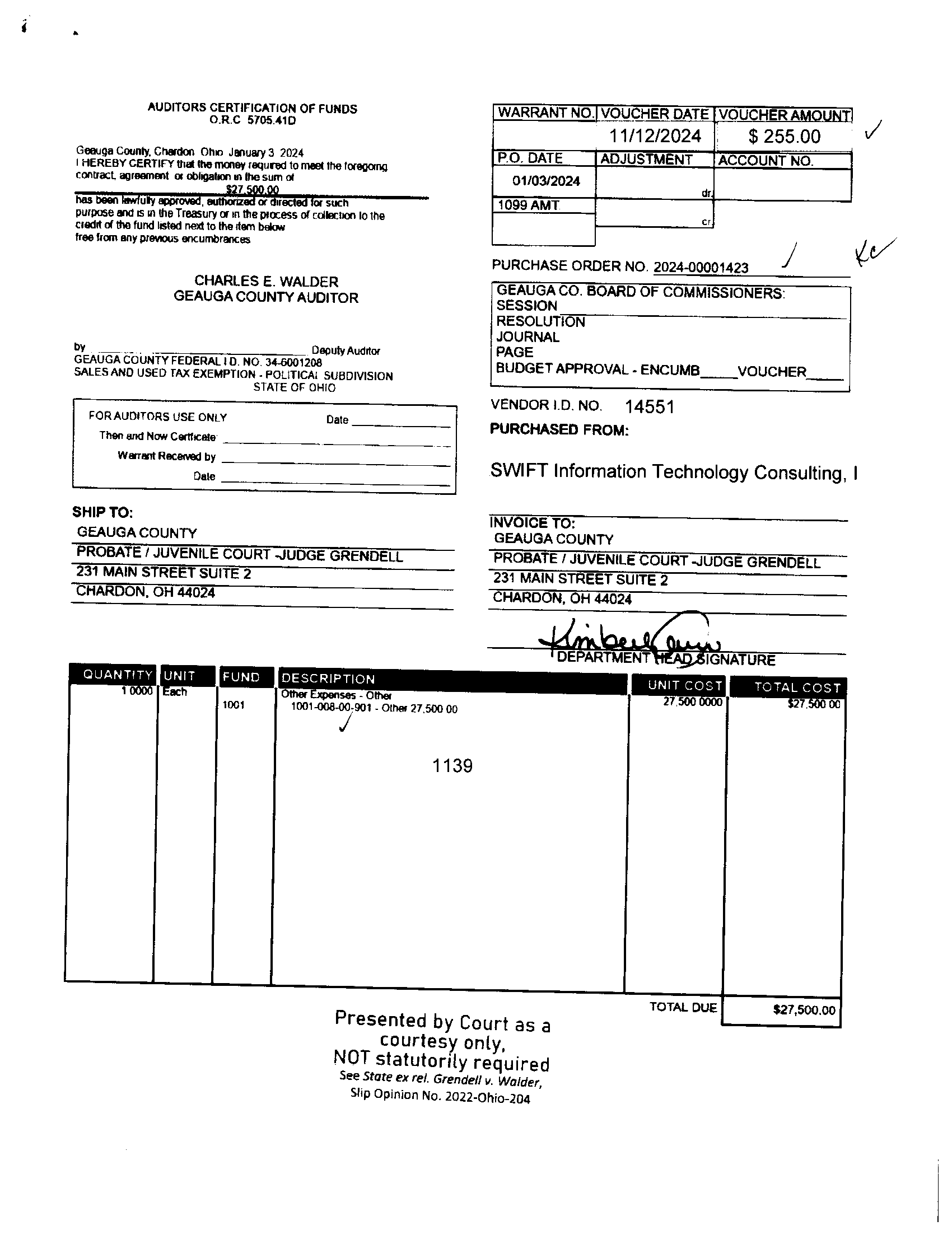 Auditor's Certification of Funds