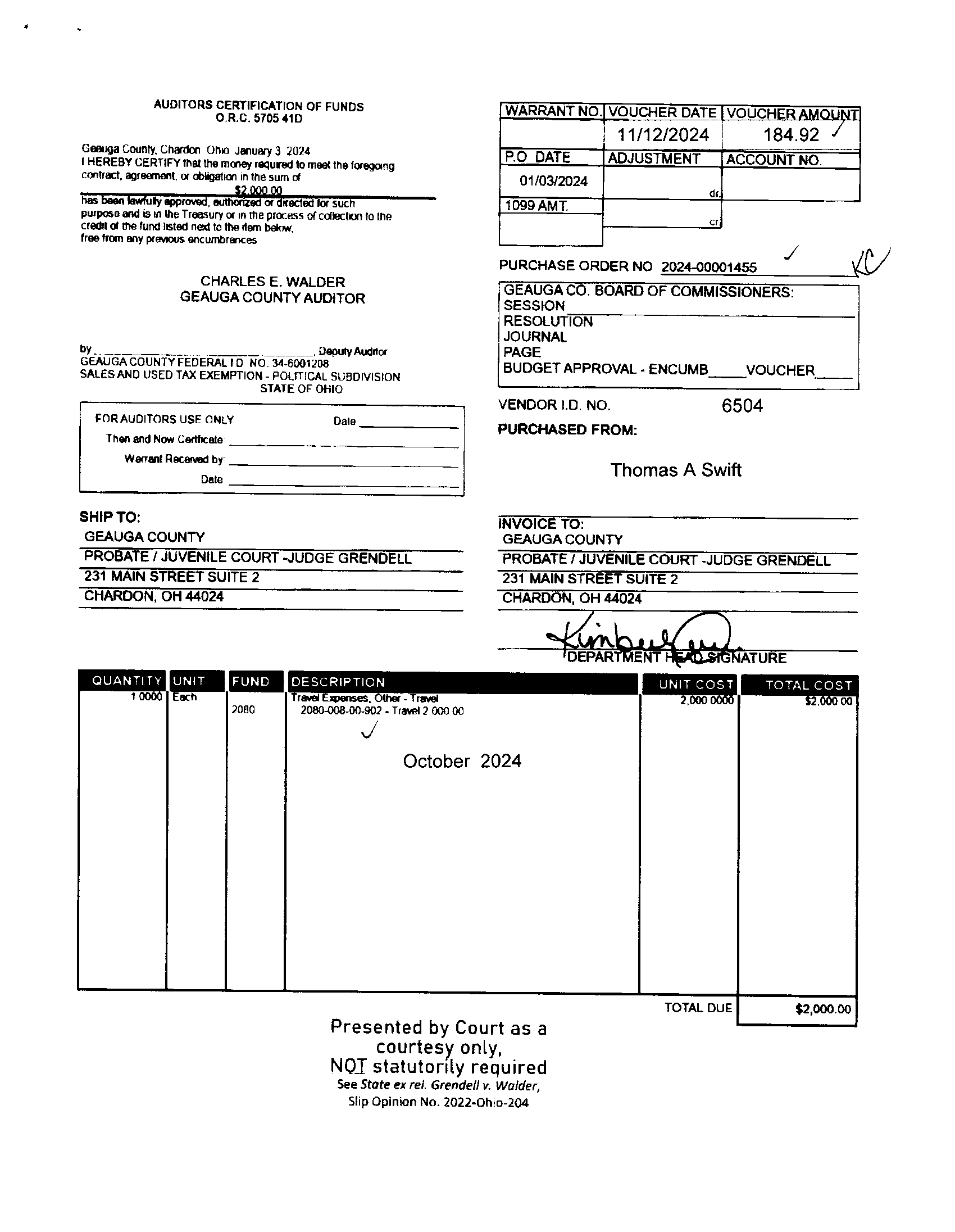 Auditor's Certification of Funds