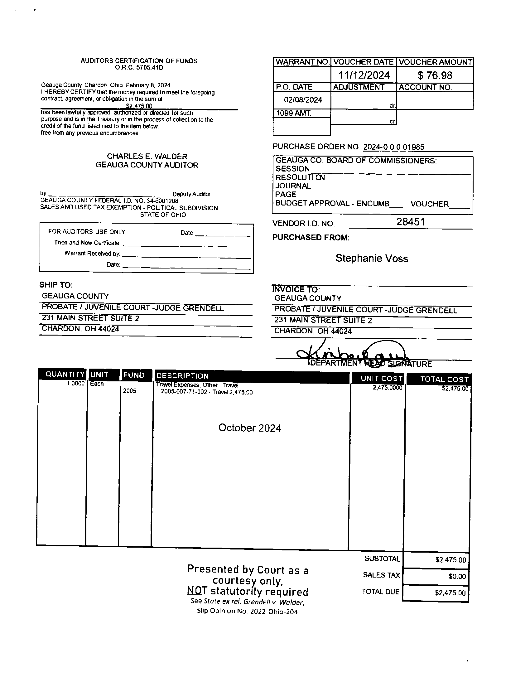 Auditor's Certification of Funds