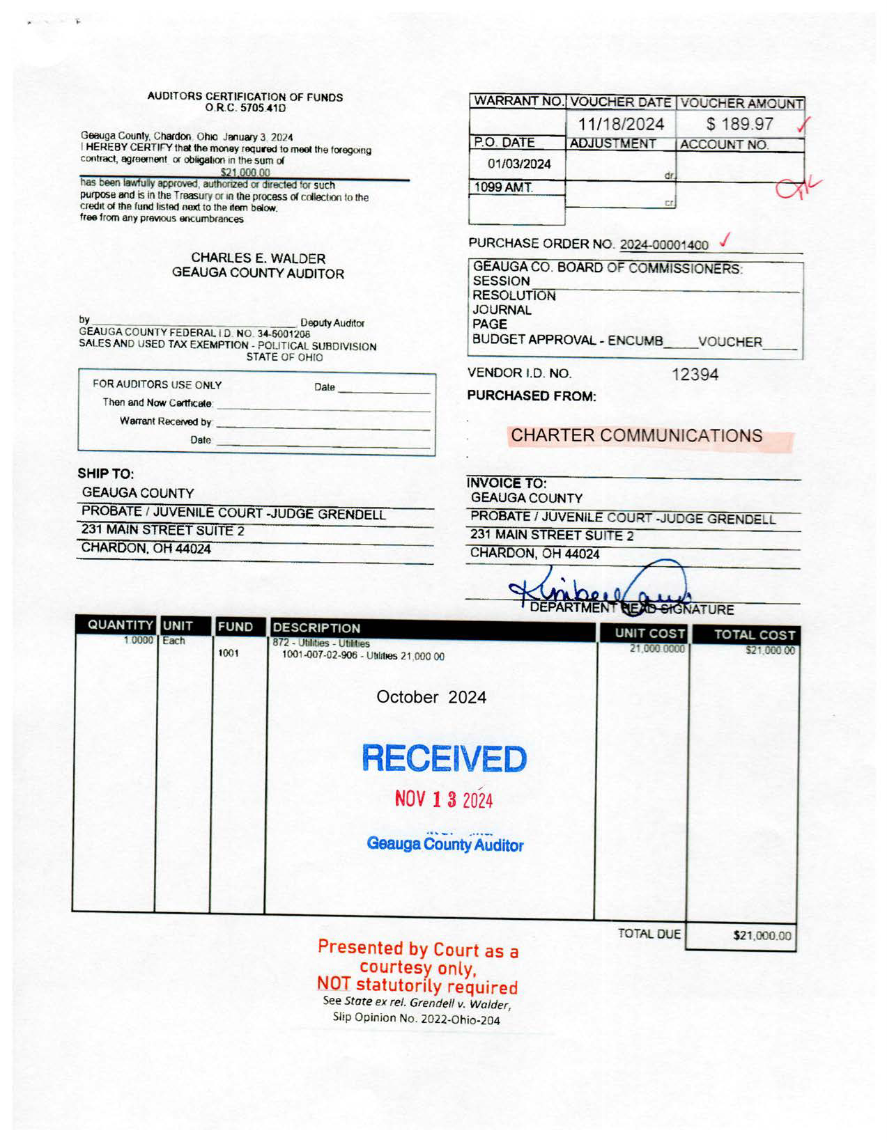 Auditor's Certification of Funds