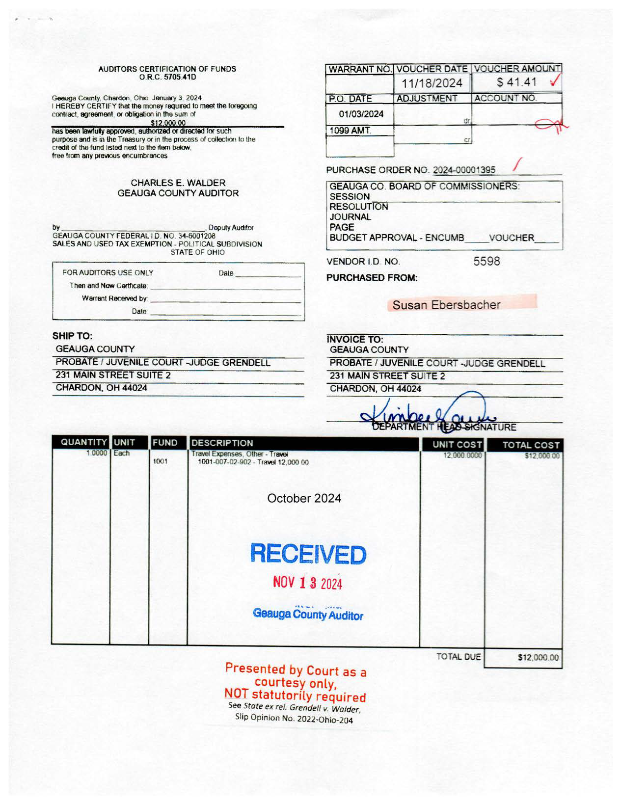 Auditor's Certification of Funds