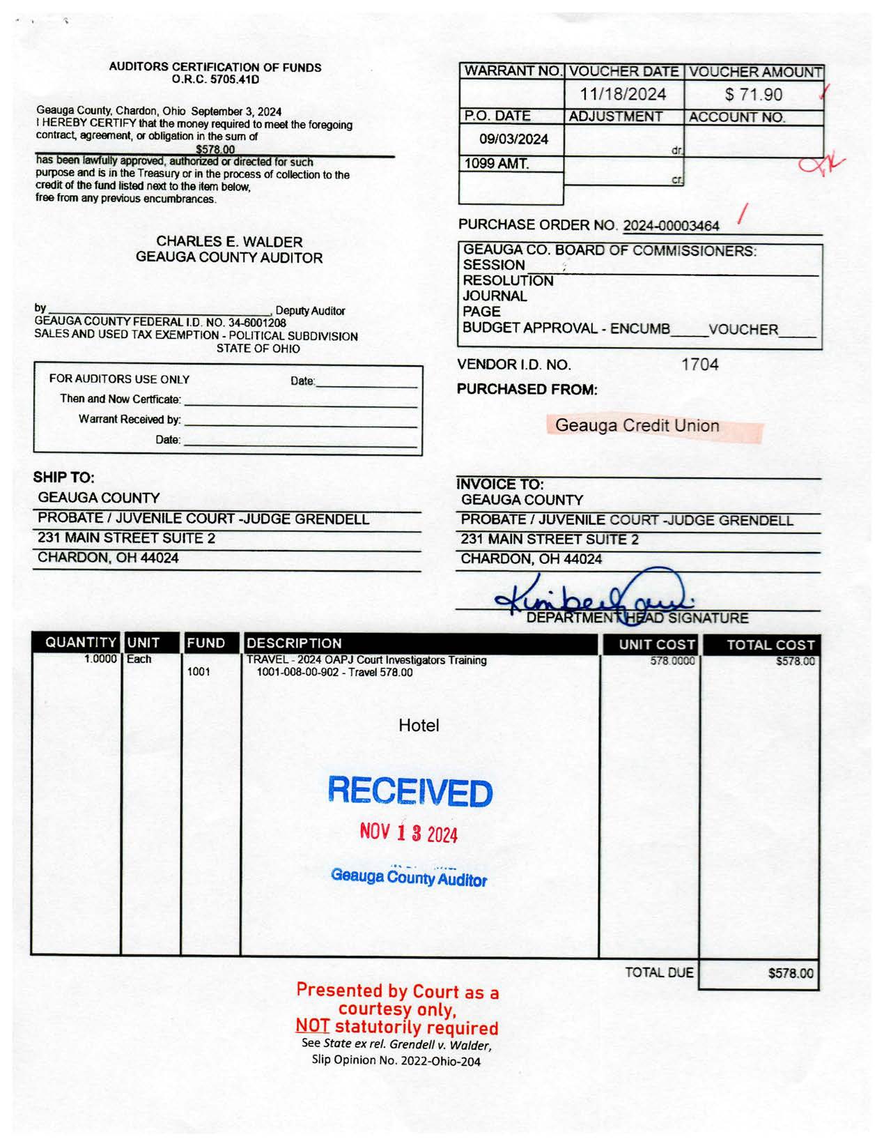 Auditor's Certification of Funds