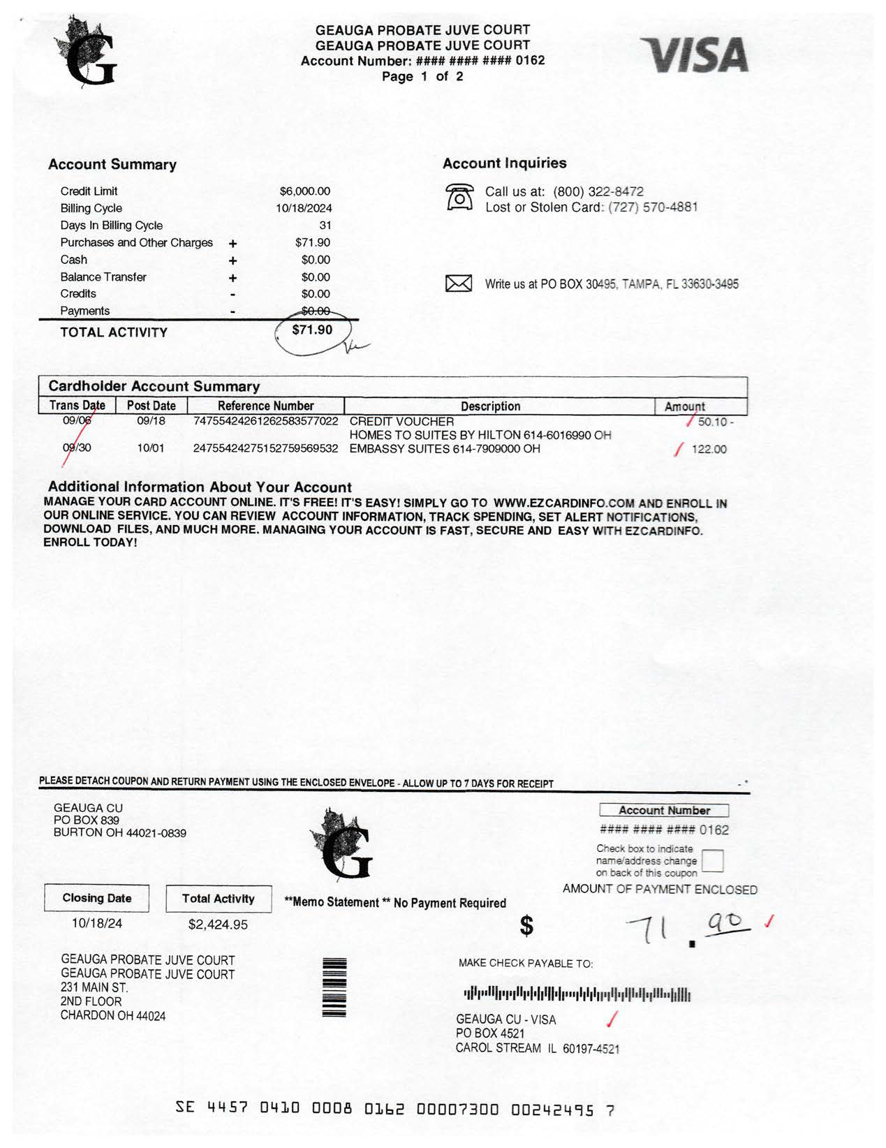 Geauga Credit Union Visa Memo Statement