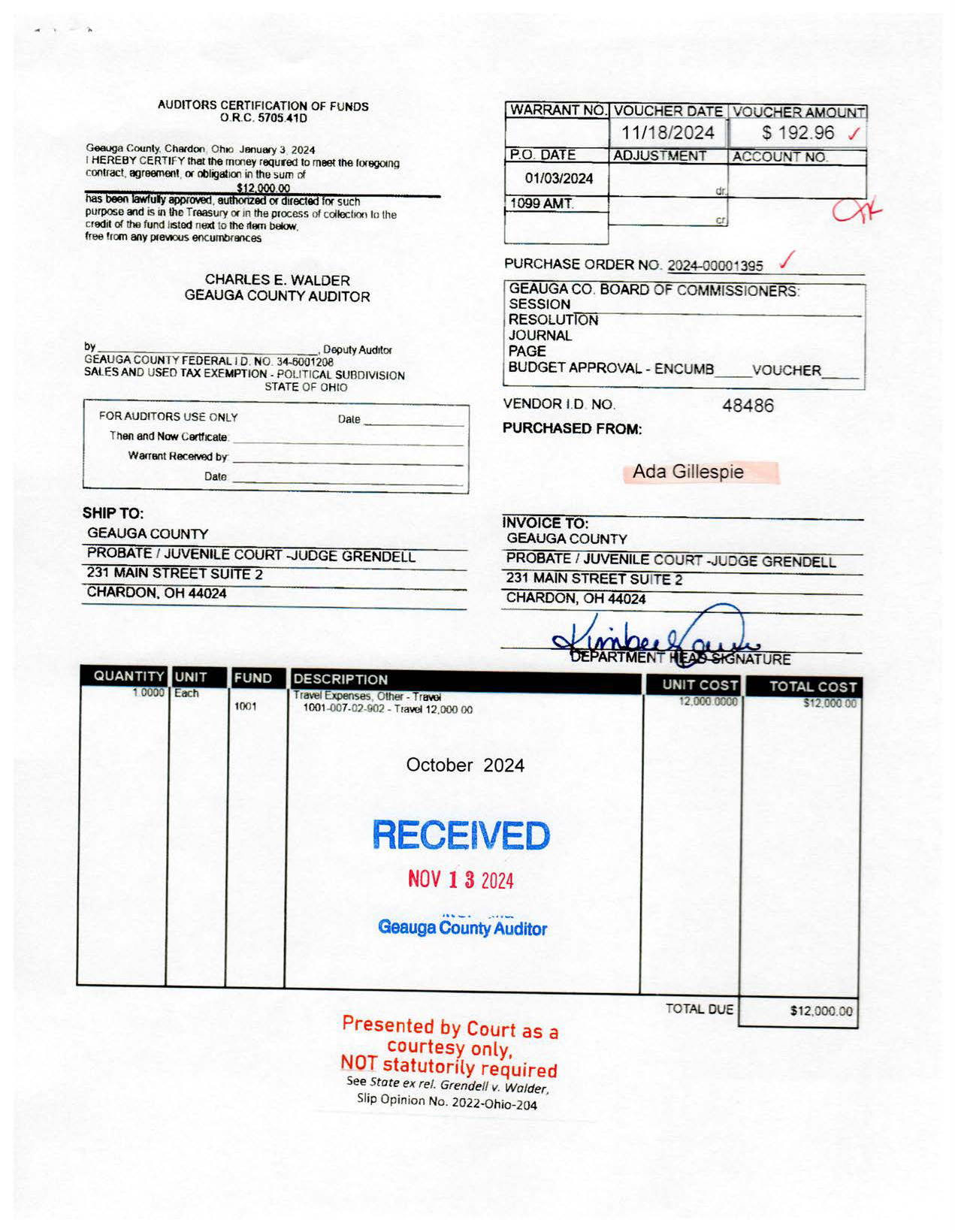 Auditor's Certification of Funds