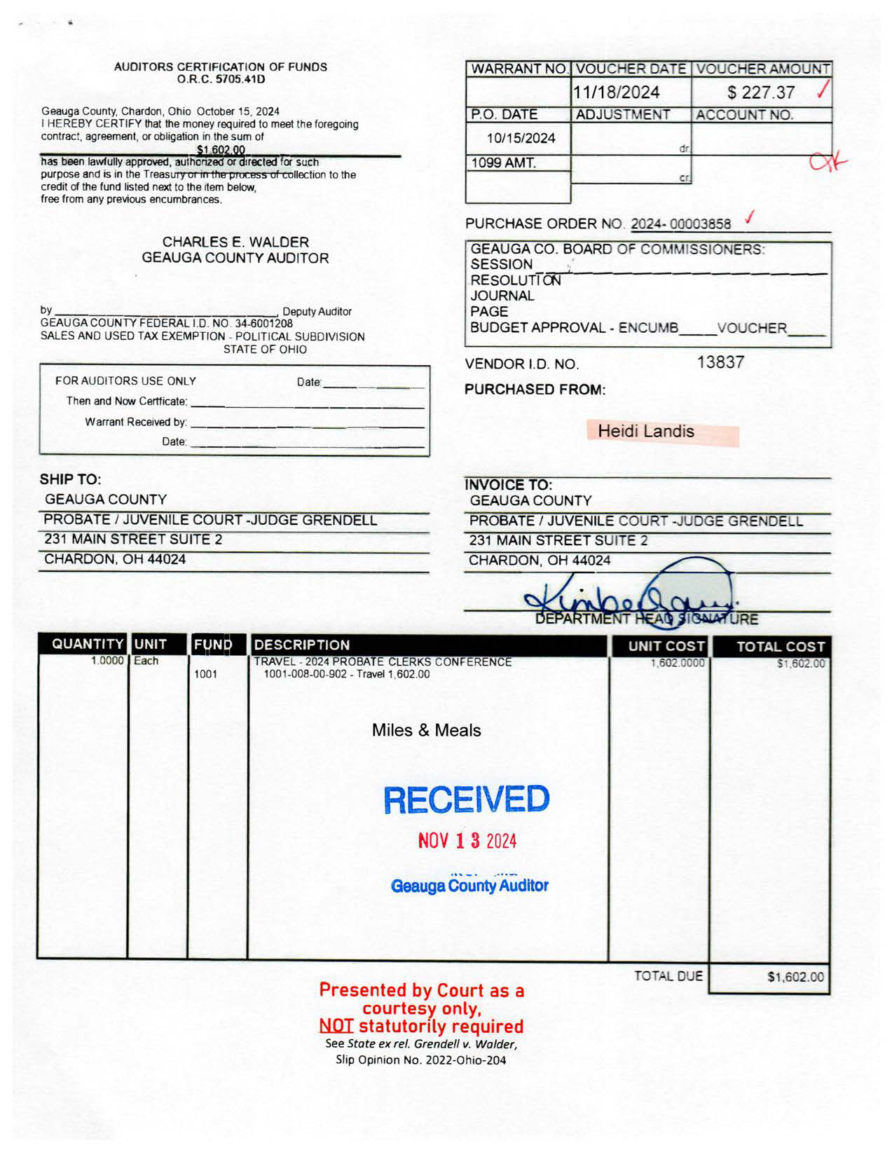 Auditor's Certification of Funds