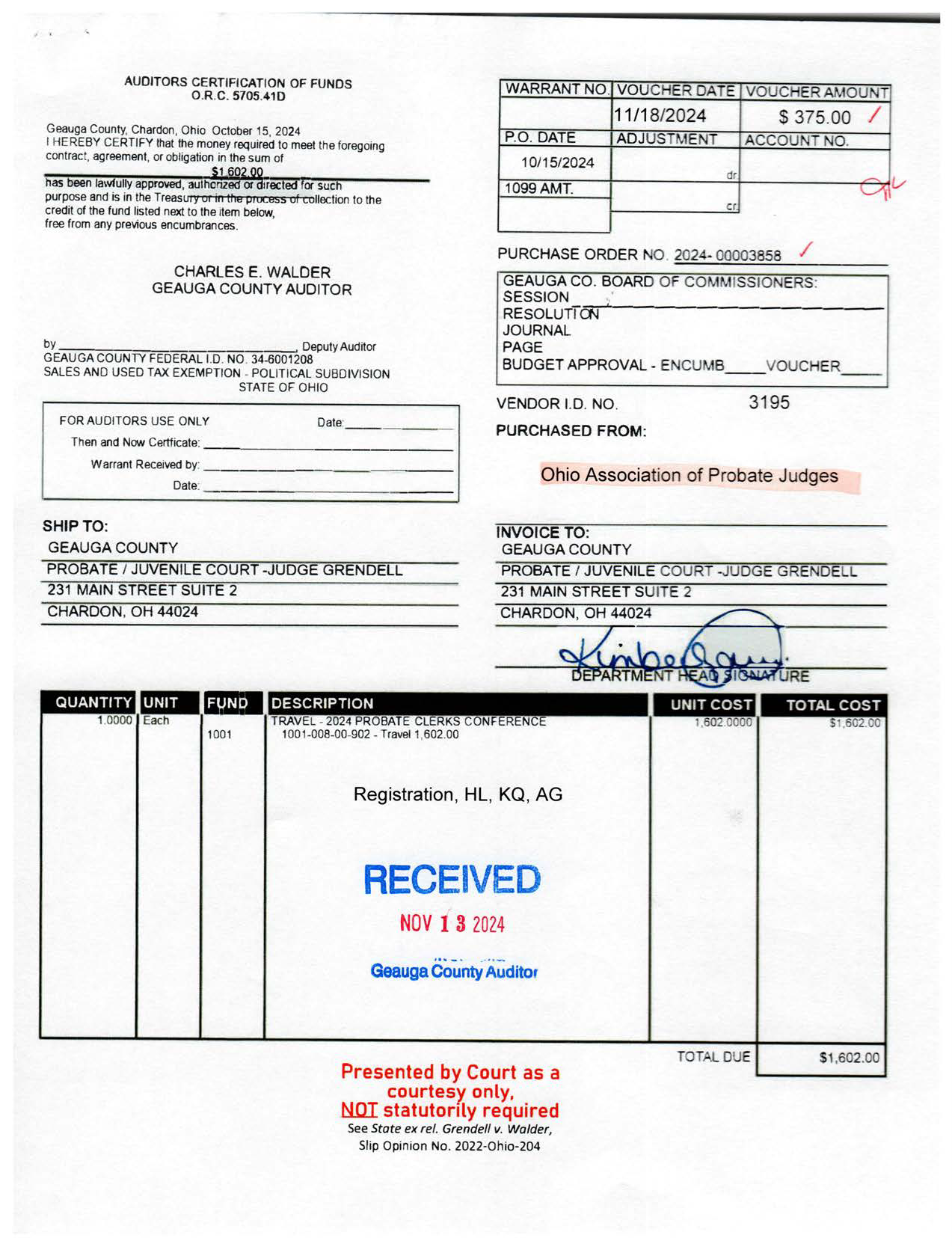 Auditor's Certification of Funds