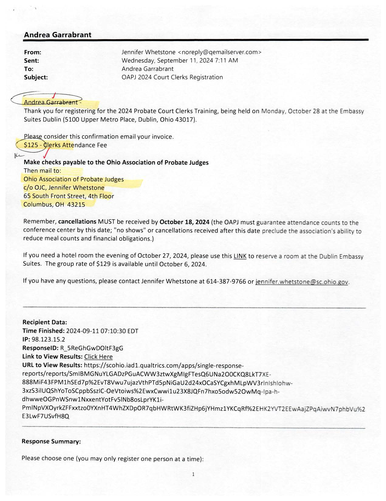 OAPJ 2024 Court Clerks Registration Invoice Andrea Garrabrant - Page 1