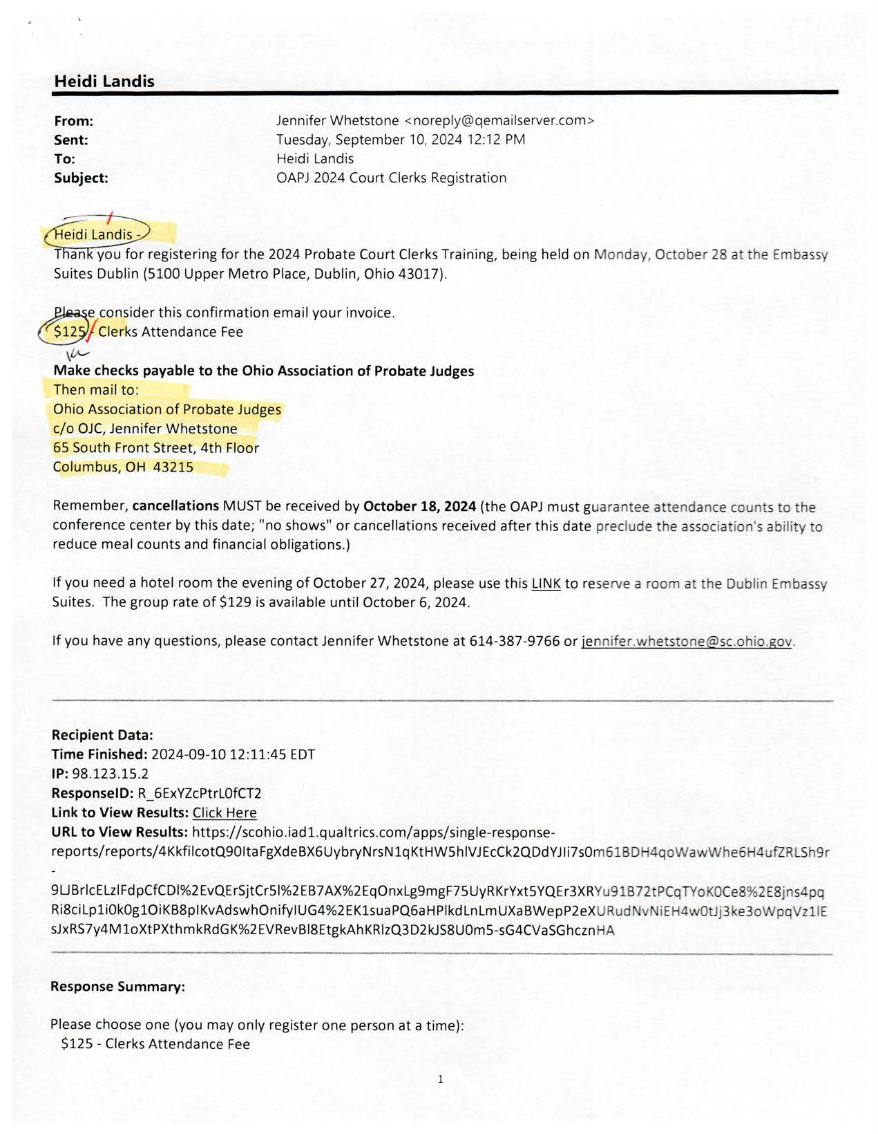 OAPJ 2024 Court Clerks Registration Invoice for Heidi Landis - Page 1