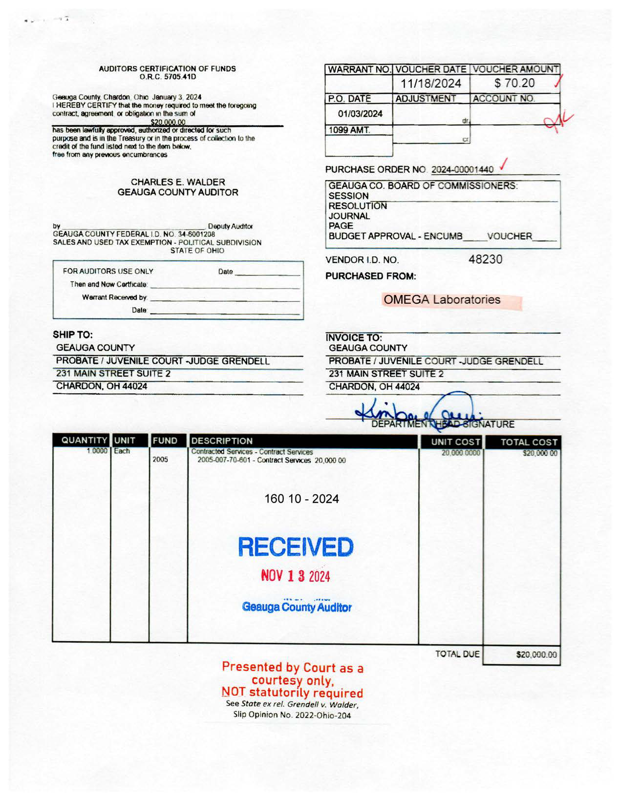 Auditor's Certification of Funds