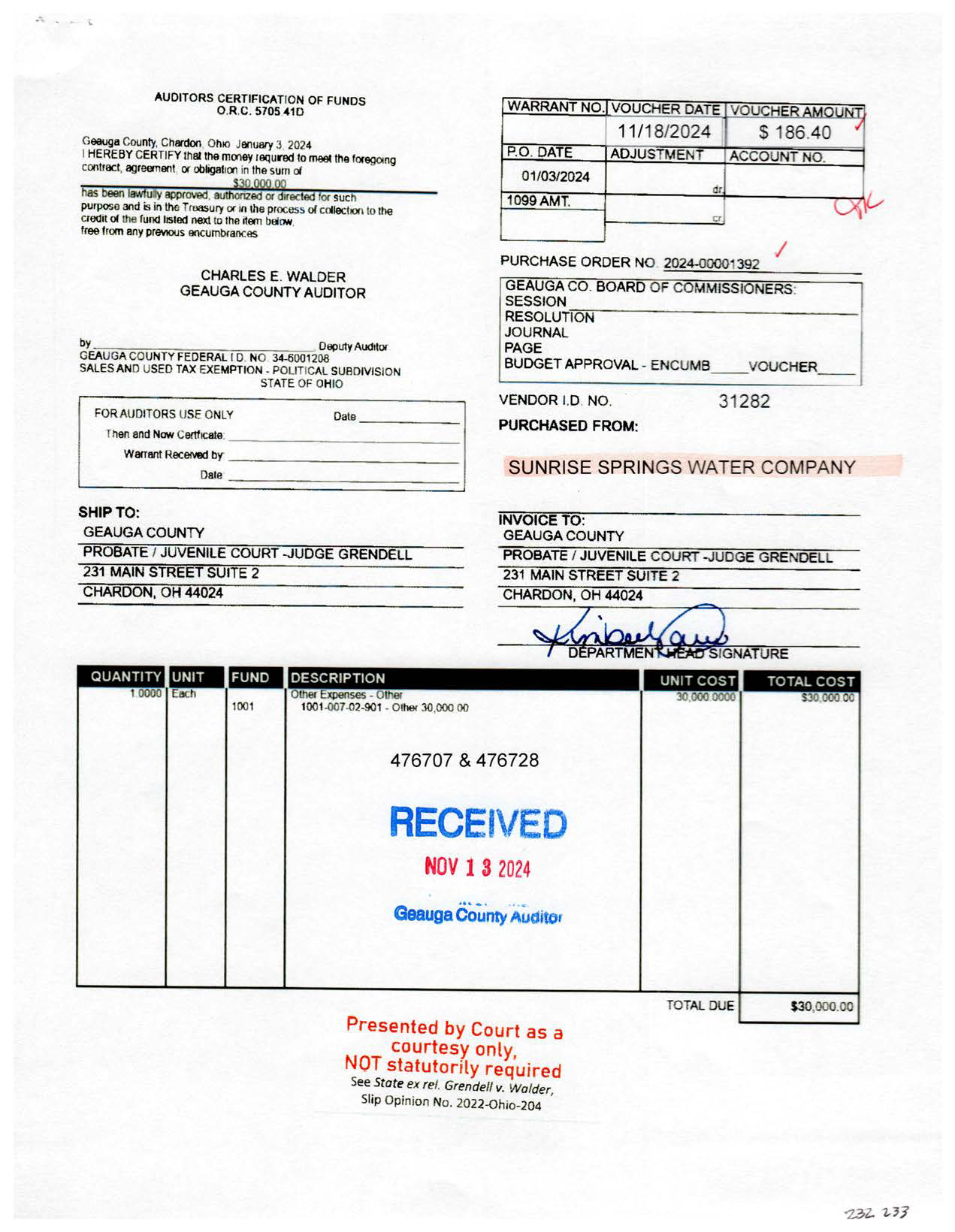 Auditor's Certification of Funds