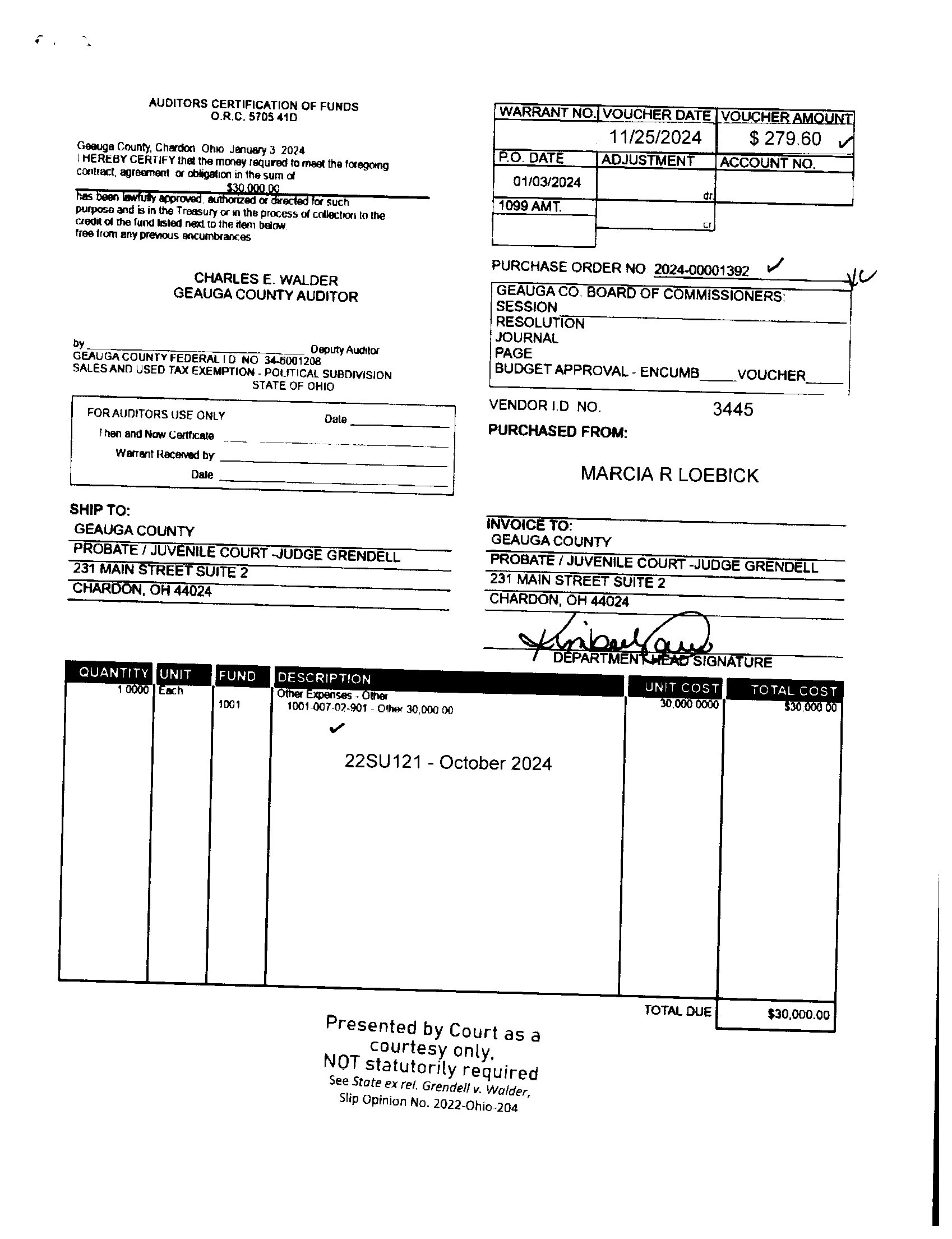 Auditor's Certification of Funds