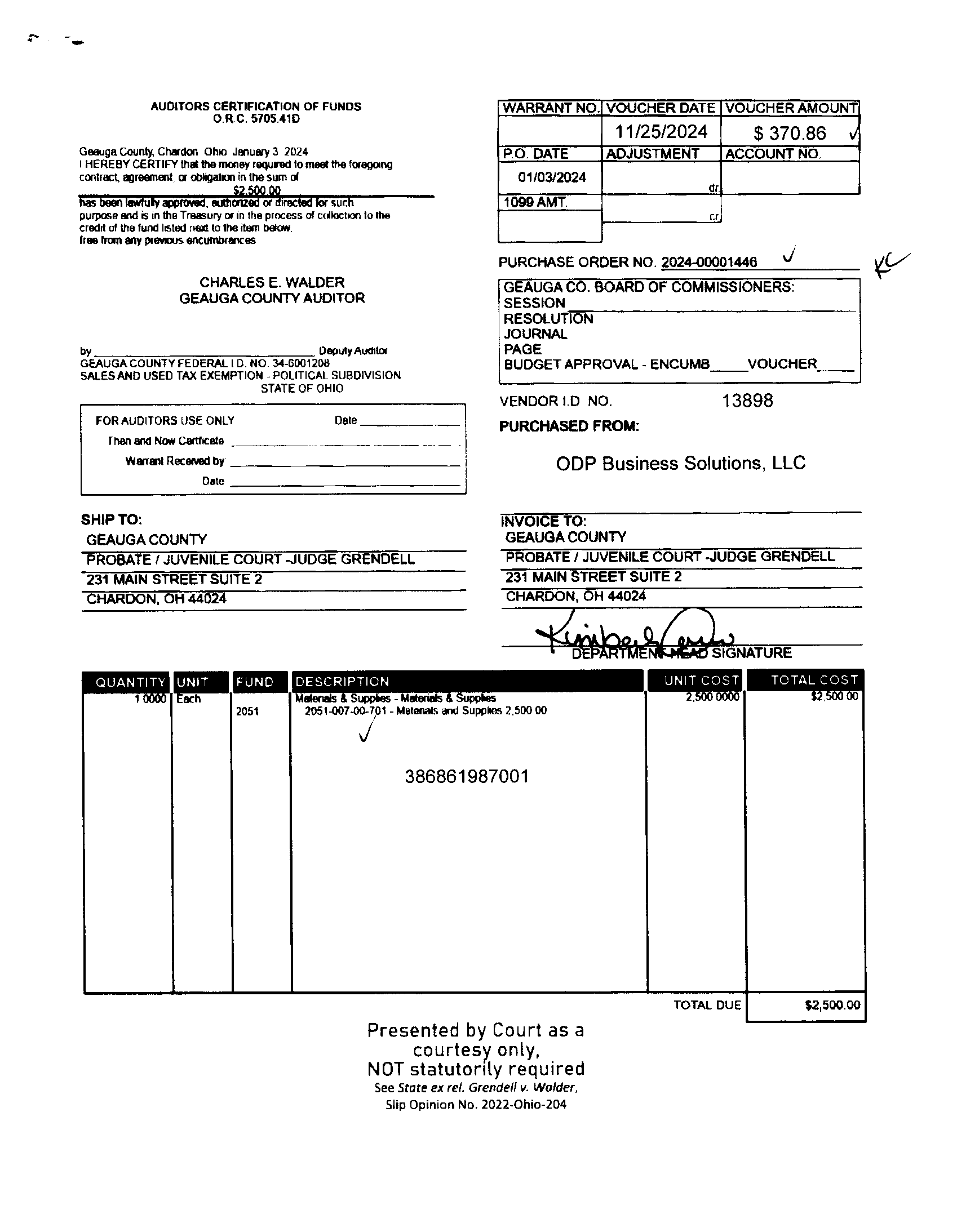 Auditor's Certification of Funds