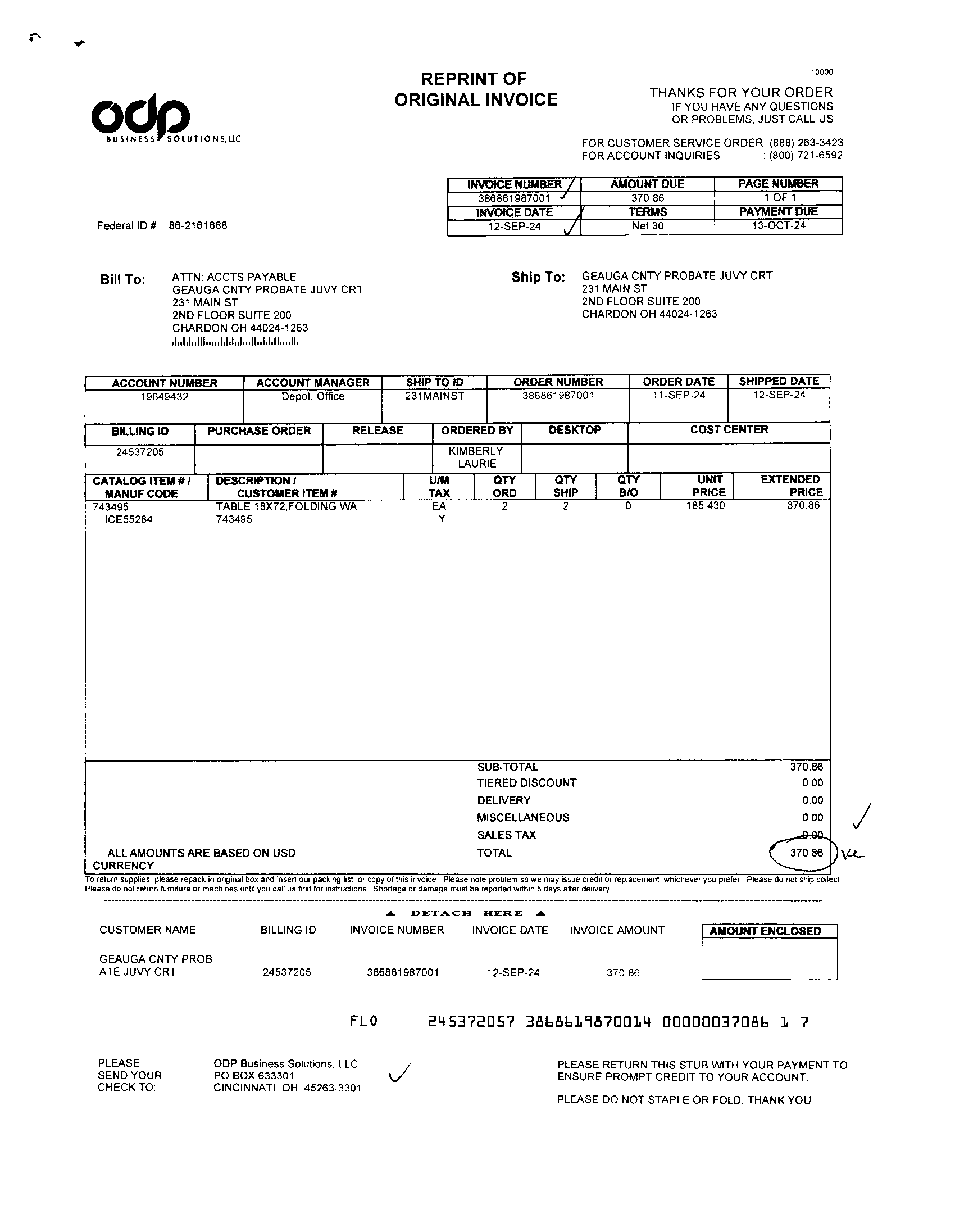 Reprint of Original Invoice