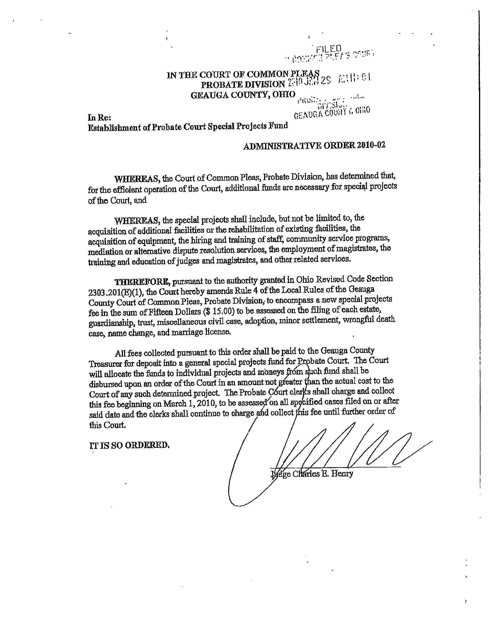 Administrative Order 2010-02:  Establishment of Probate Court Special Projects Fund