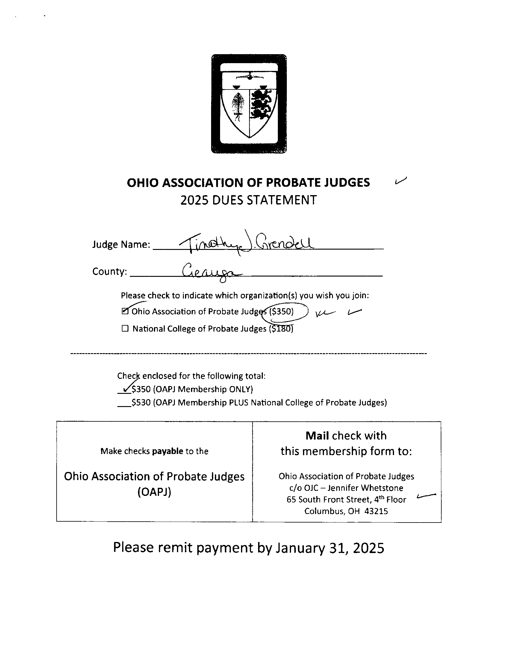 2025 Dues Statement