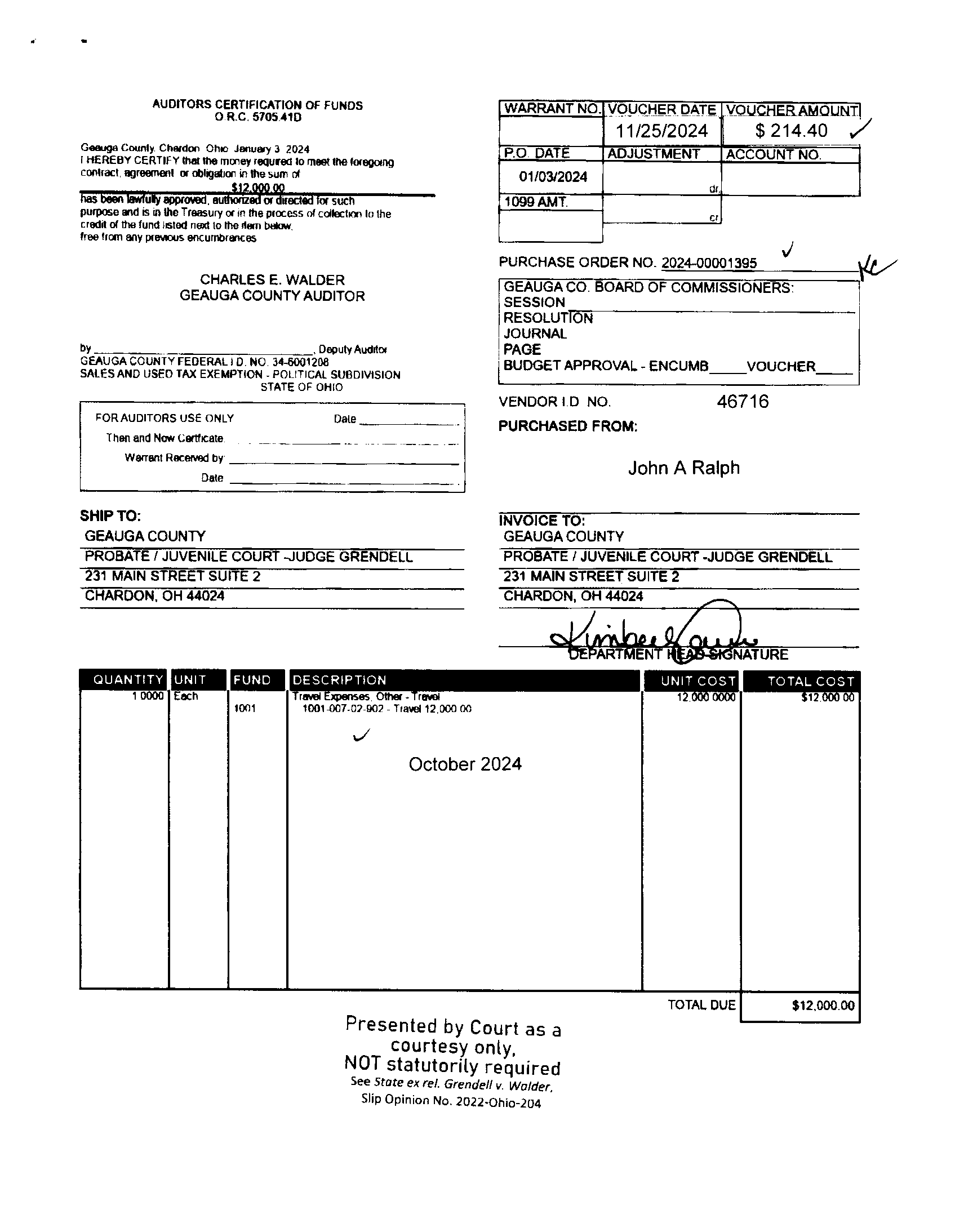Auditor's Certification of Funds
