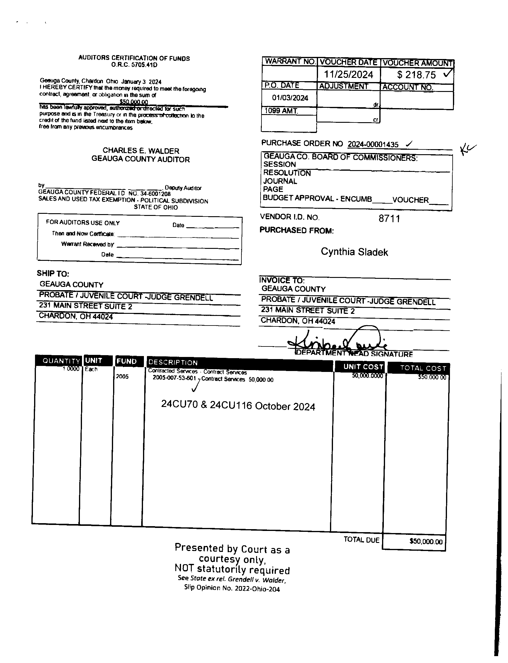 Auditor's Certification of Funds