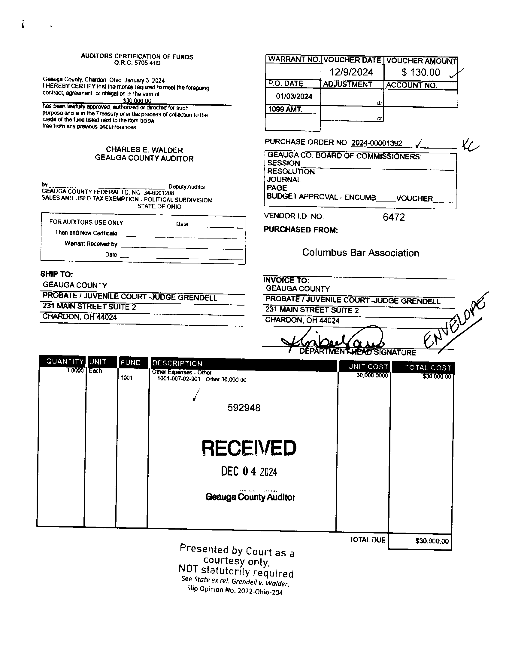 Auditor's Certification of Funds