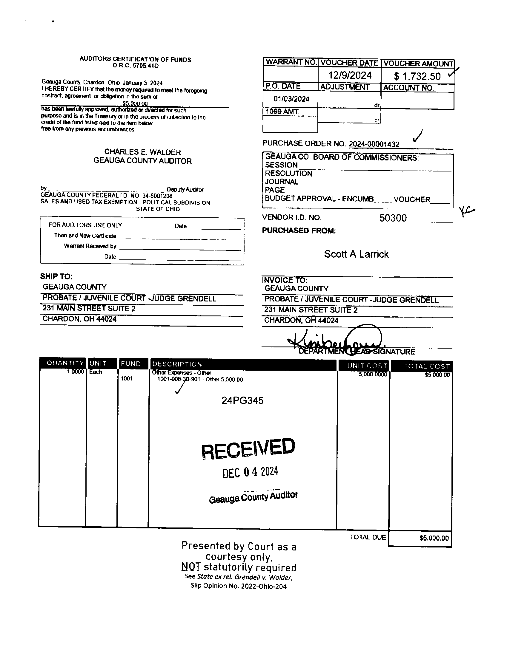 Auditor's Certification of Funds