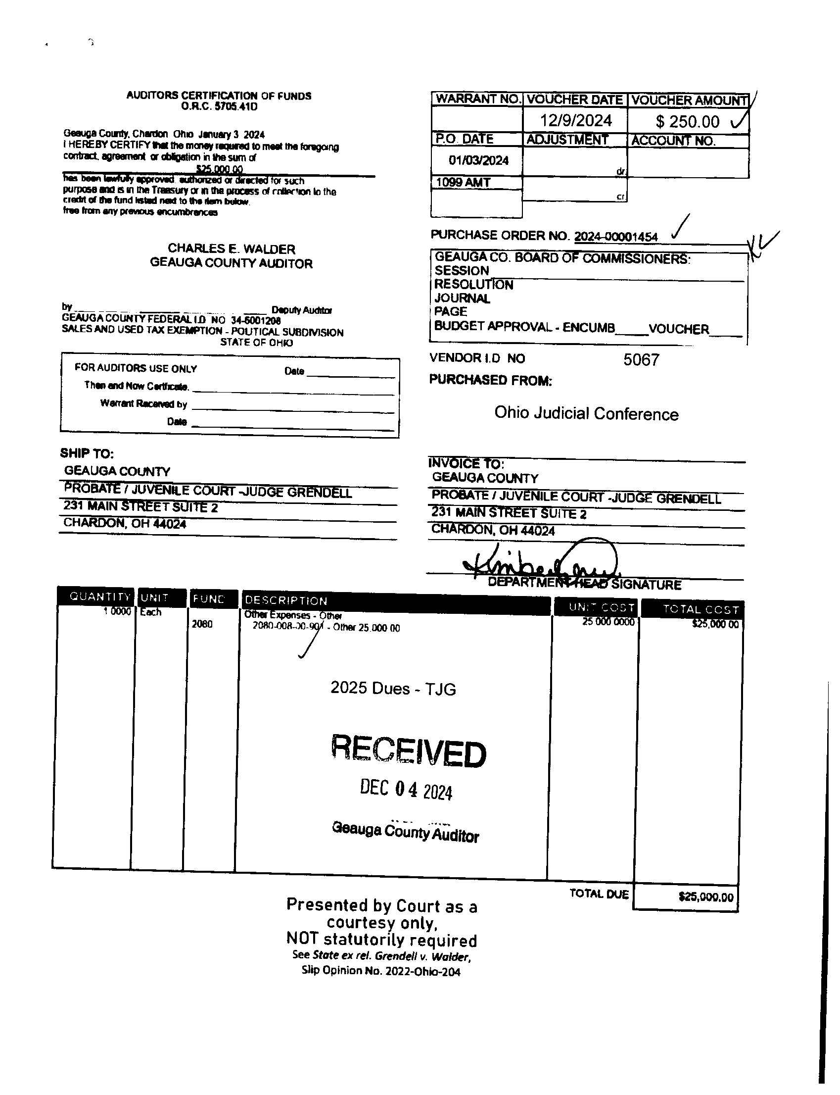 Auditor's Certification of Funds