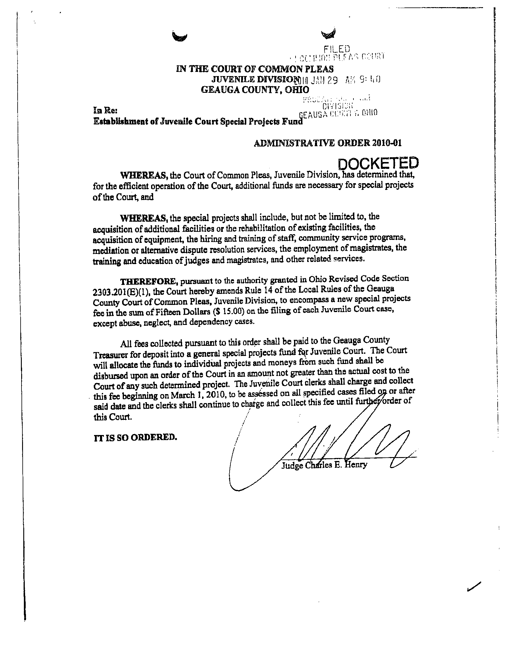 Administrative Order 2010-01:  Establishment of Juvenile Court Special Projects Fund