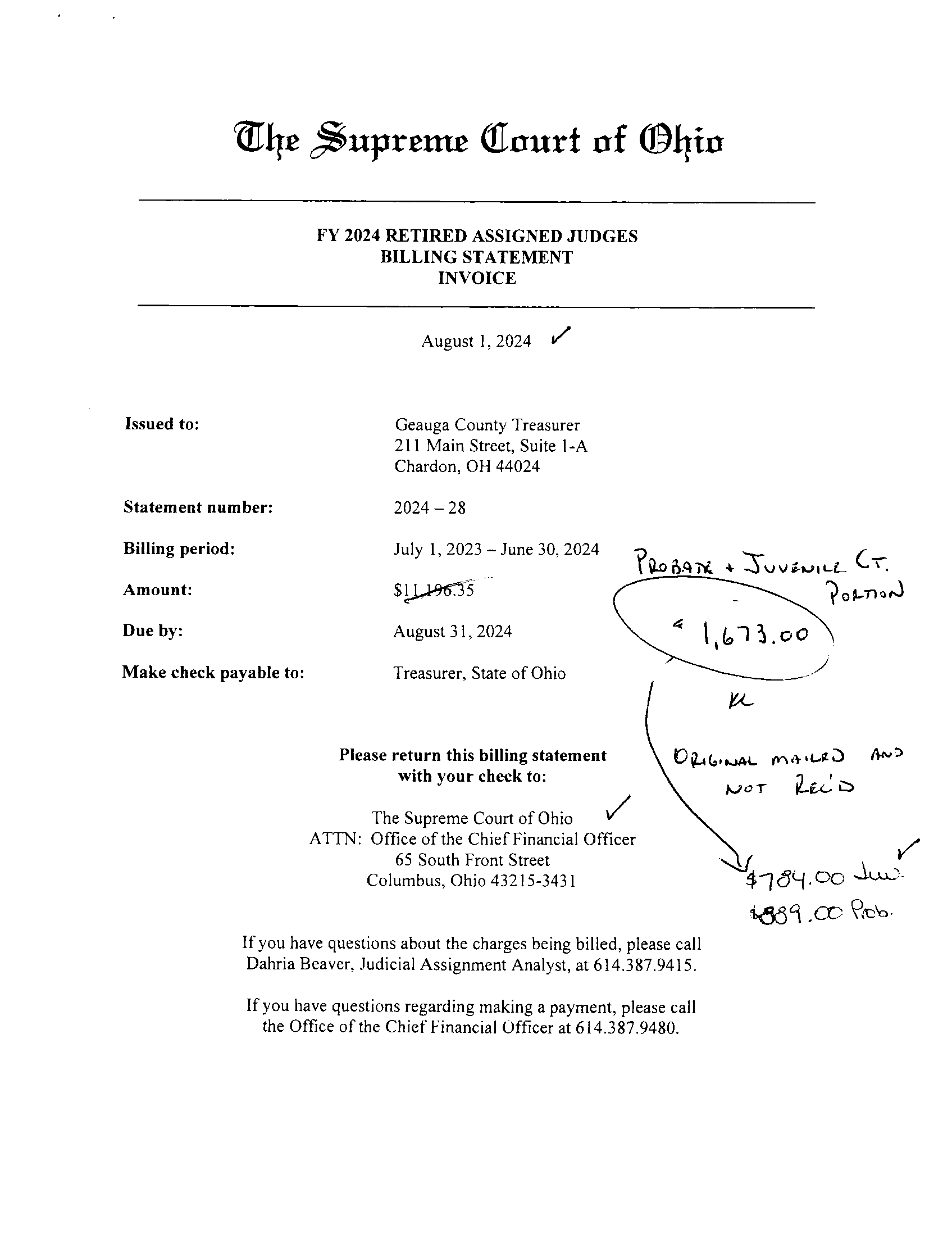 FY 2024 Retired Assigned Judges Billing Statement Invoice