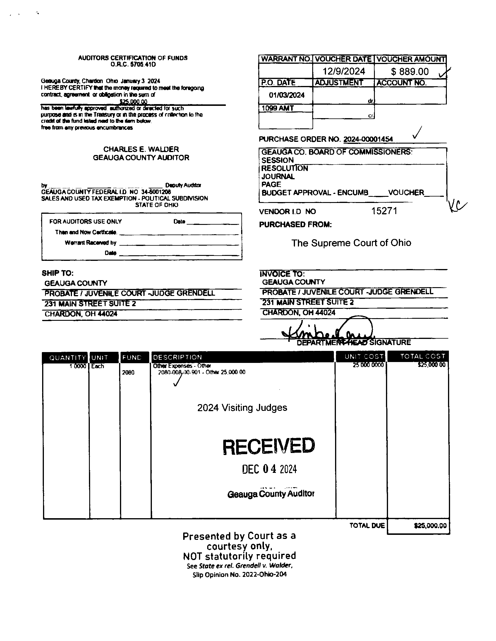 Auditor's Certification of Funds