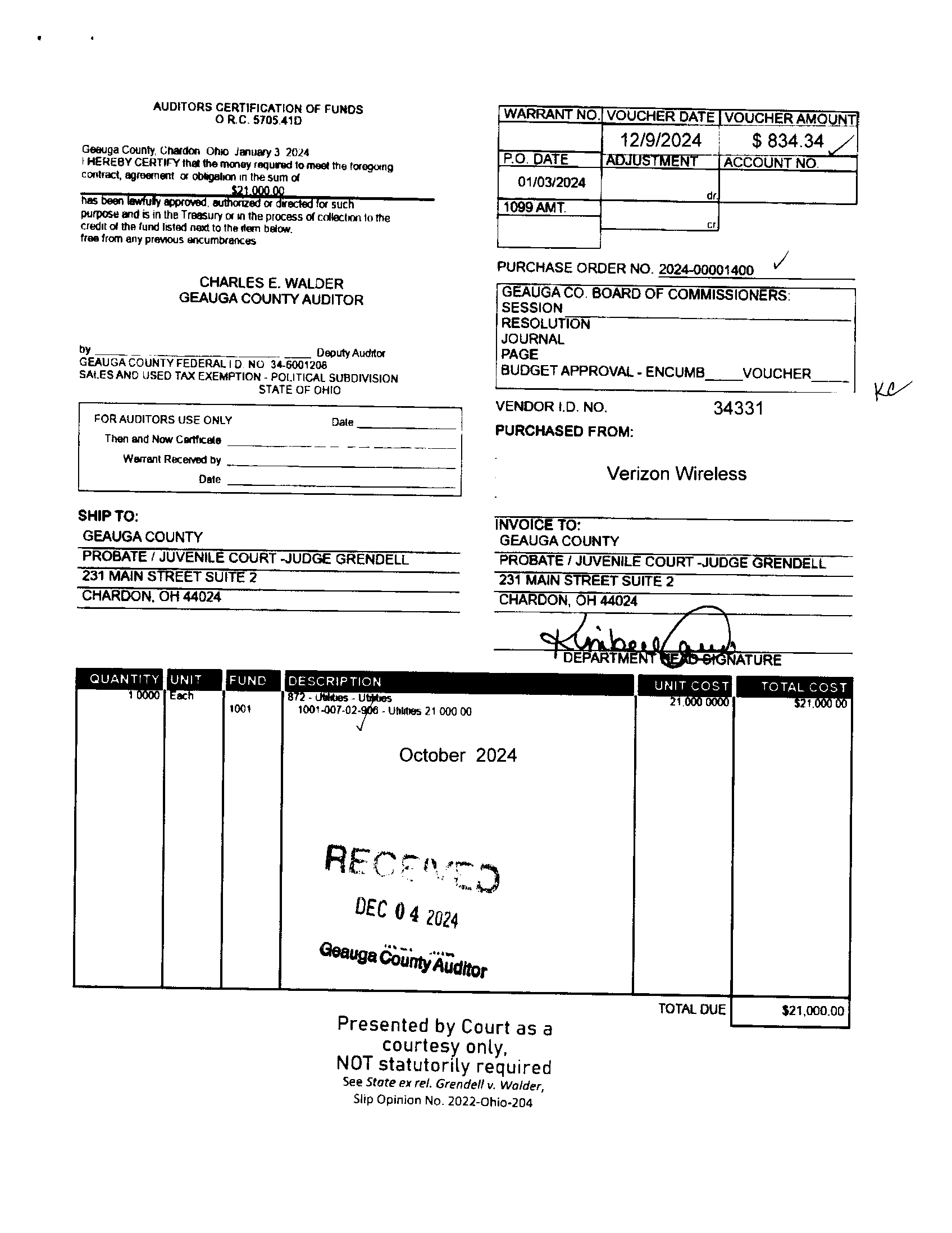 Auditor's Certification of Funds