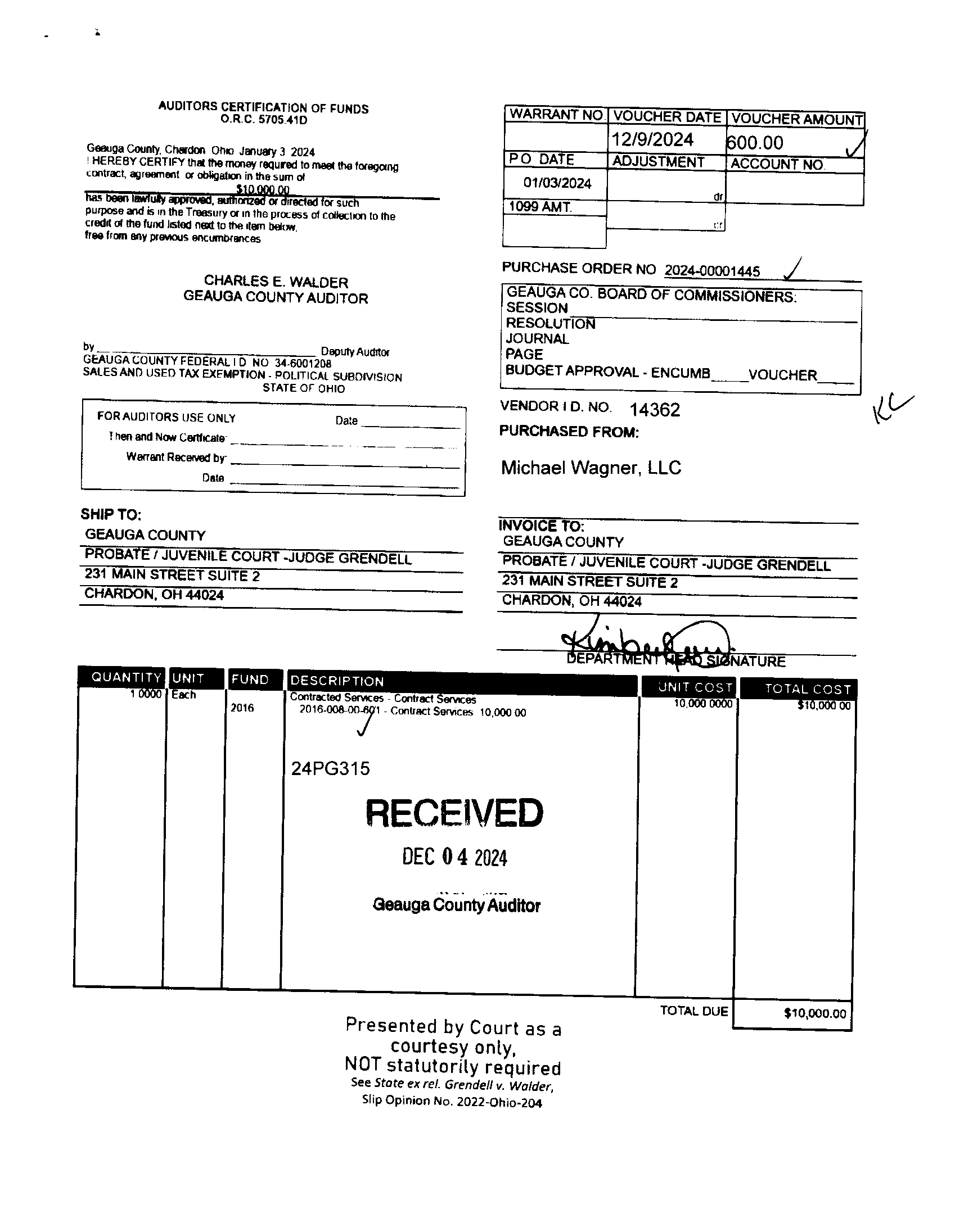 Auditor's Certification of Funds