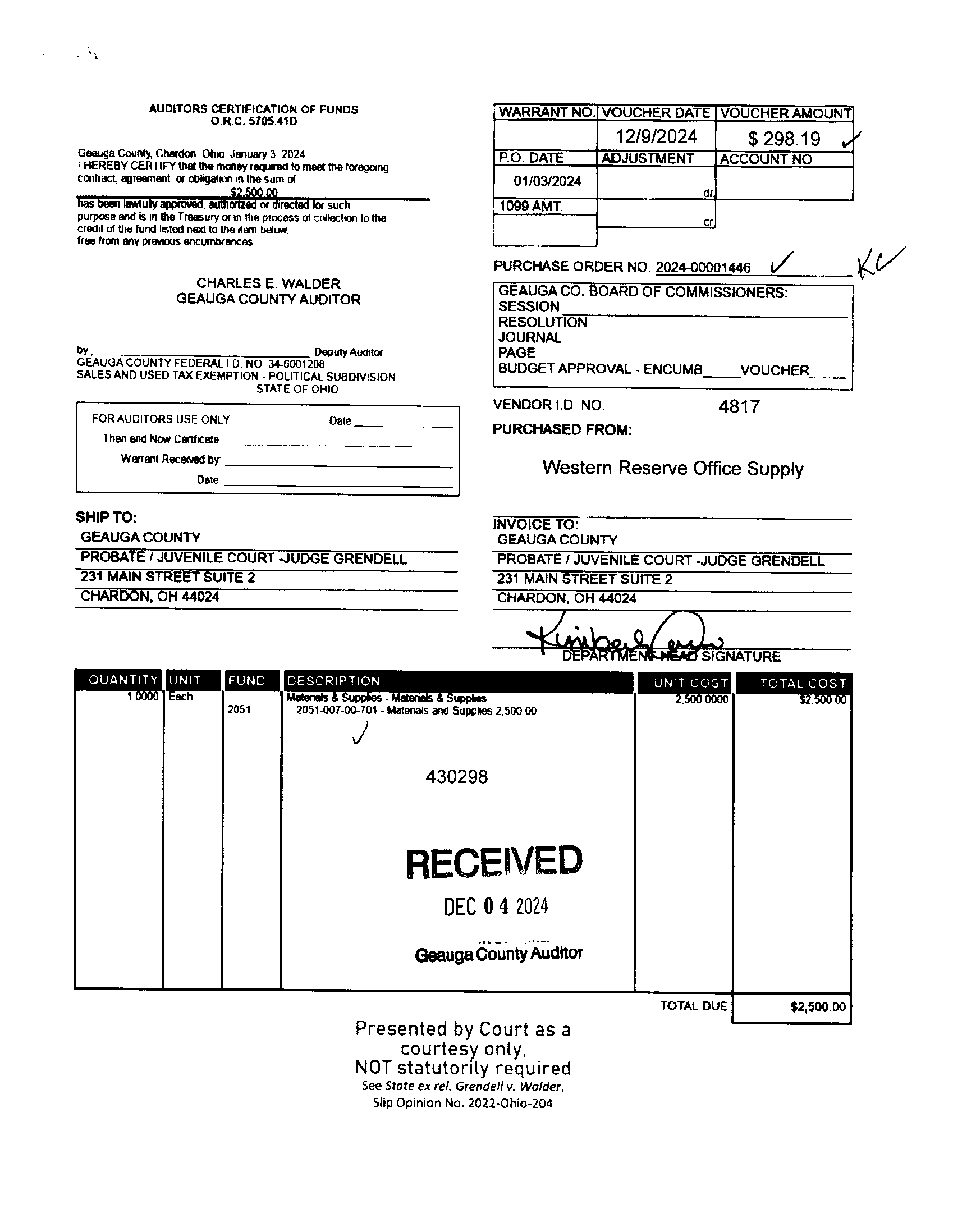 Auditor's Certification of Funds