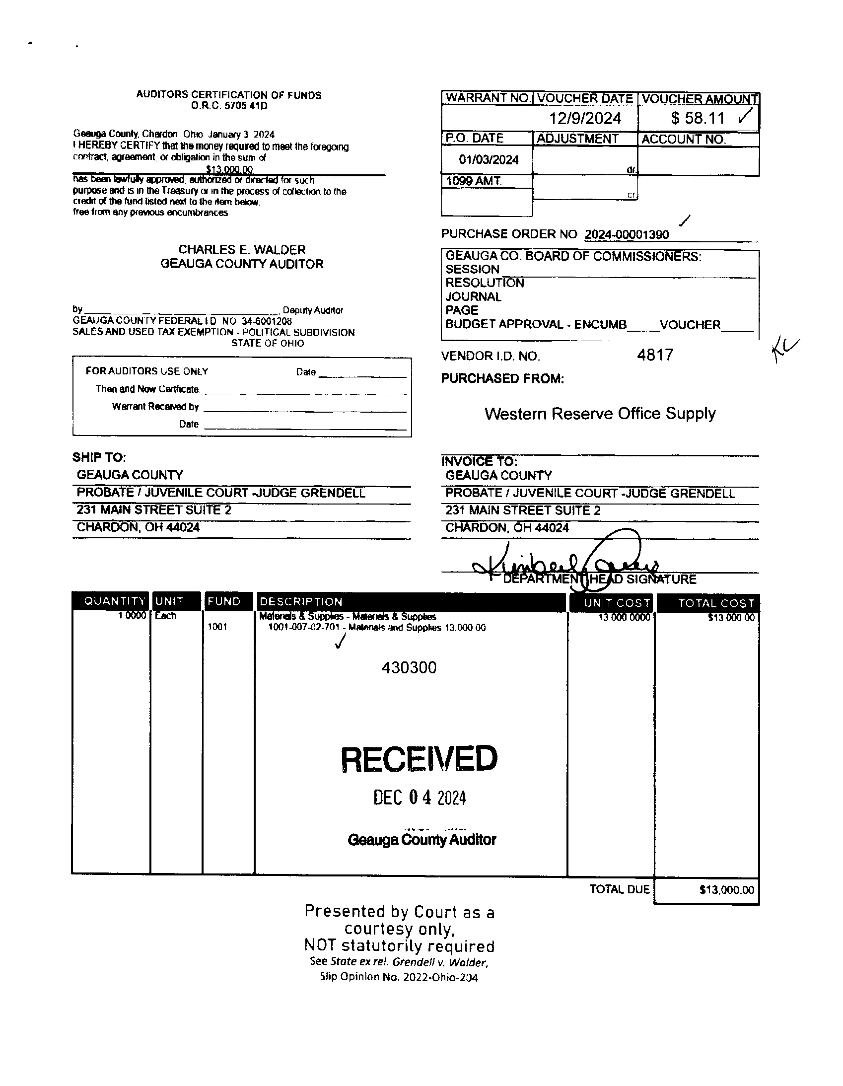 Auditor's Certification of Funds