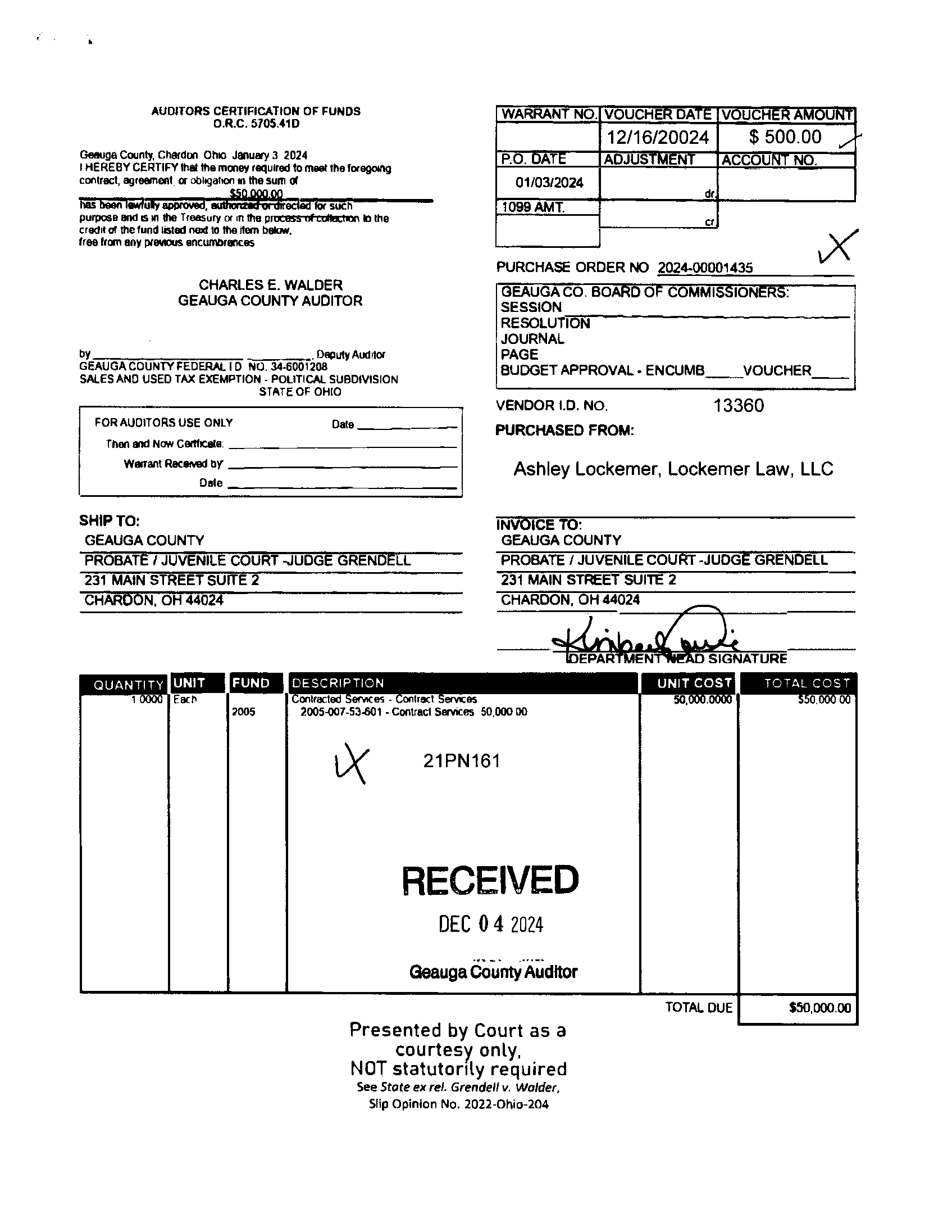 Auditor's Certification of Funds